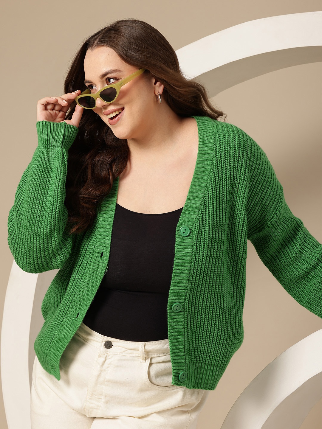 Sztori Plus Size Acrylic Ribbed Cardigan, Green