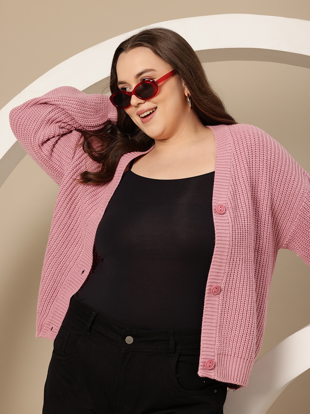 

Sztori Plus Size Acrylic Ribbed Cardigan, Pink