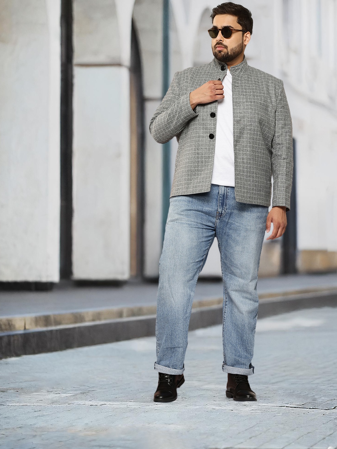 

Sztori Plus Size Checked Overcoat, Grey