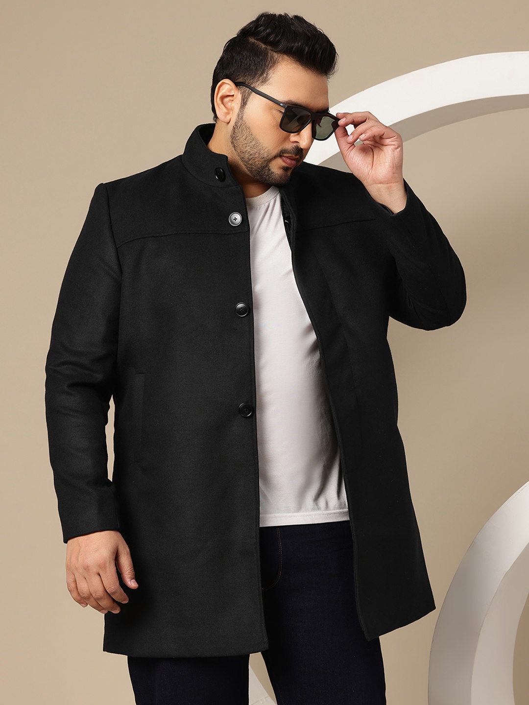 

Sztori Plus Size Band Collar Concealed Placket Single Vented Longline Paneled Overcoat, Black