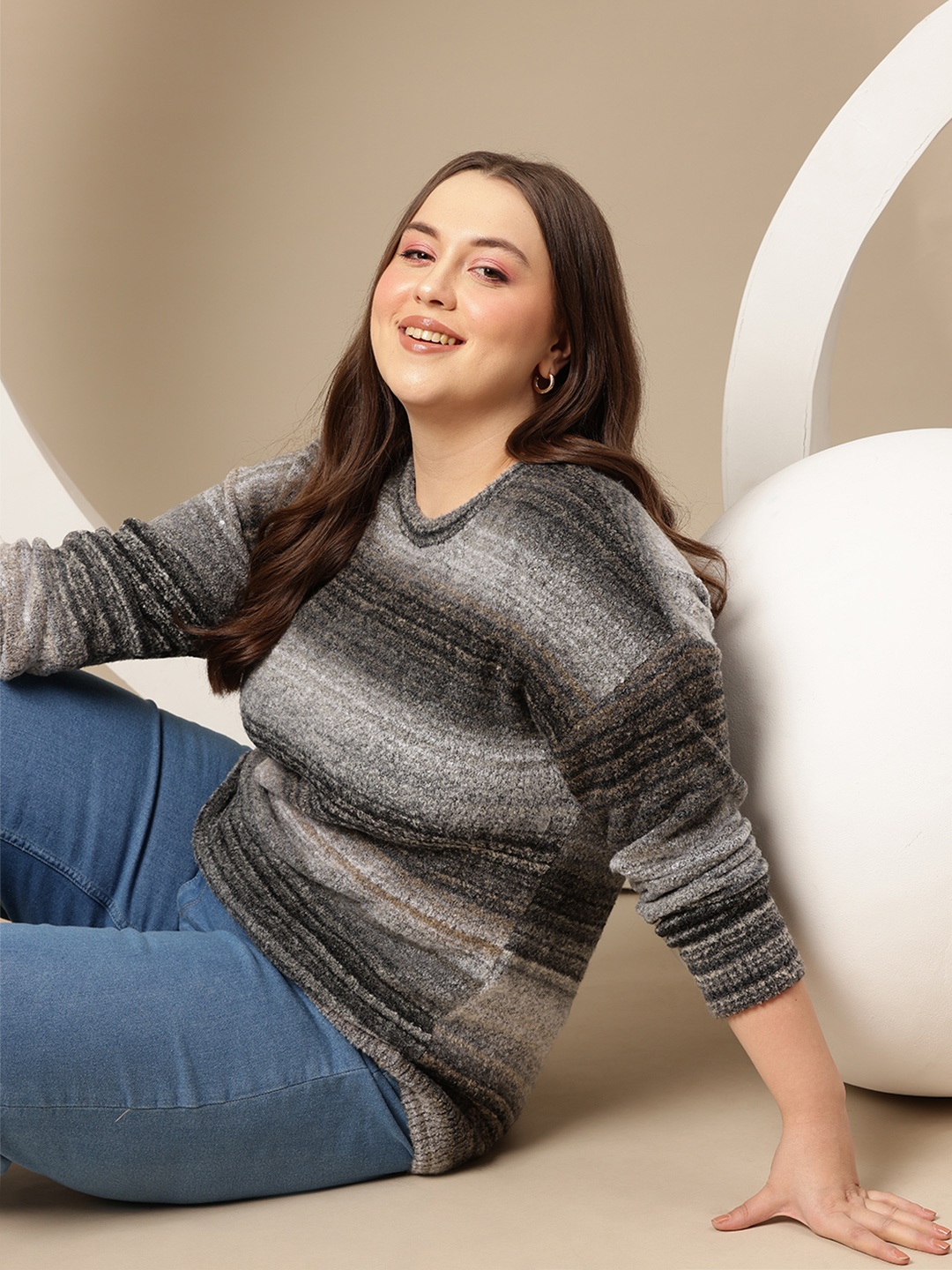 

Sztori Plus Size Striped Pullover, Grey