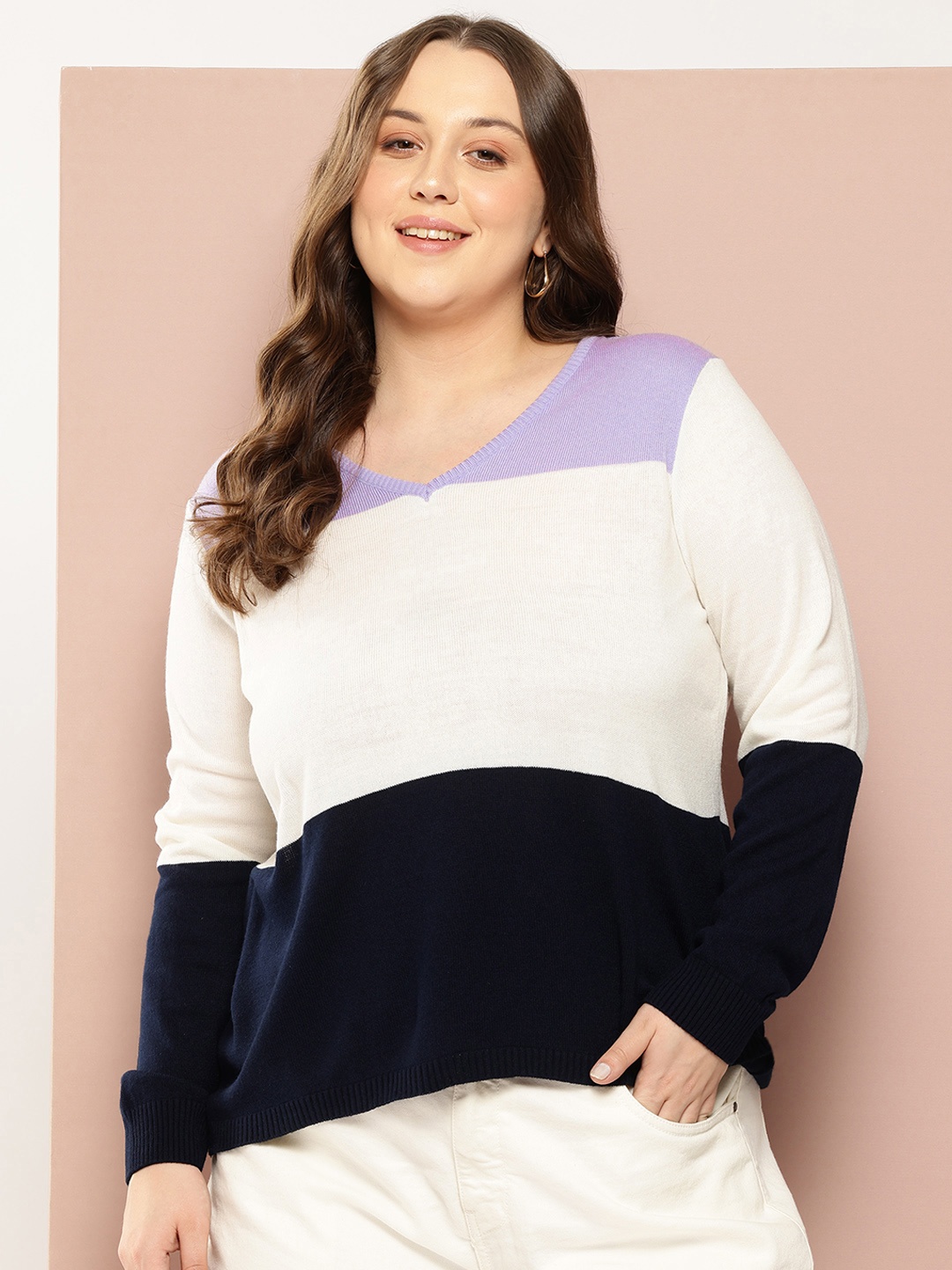 

Sztori Plus Size Colourblocked Acrylic Cardigan, White