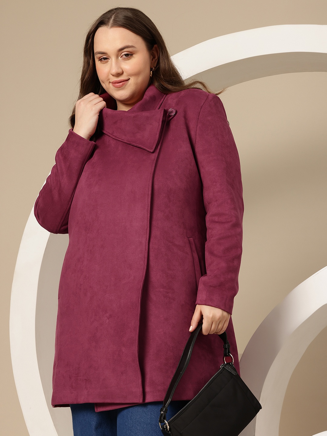 

Sztori Plus Size Velvet Finish Spread Collar Regular Fit Wrap Overcoat, Magenta