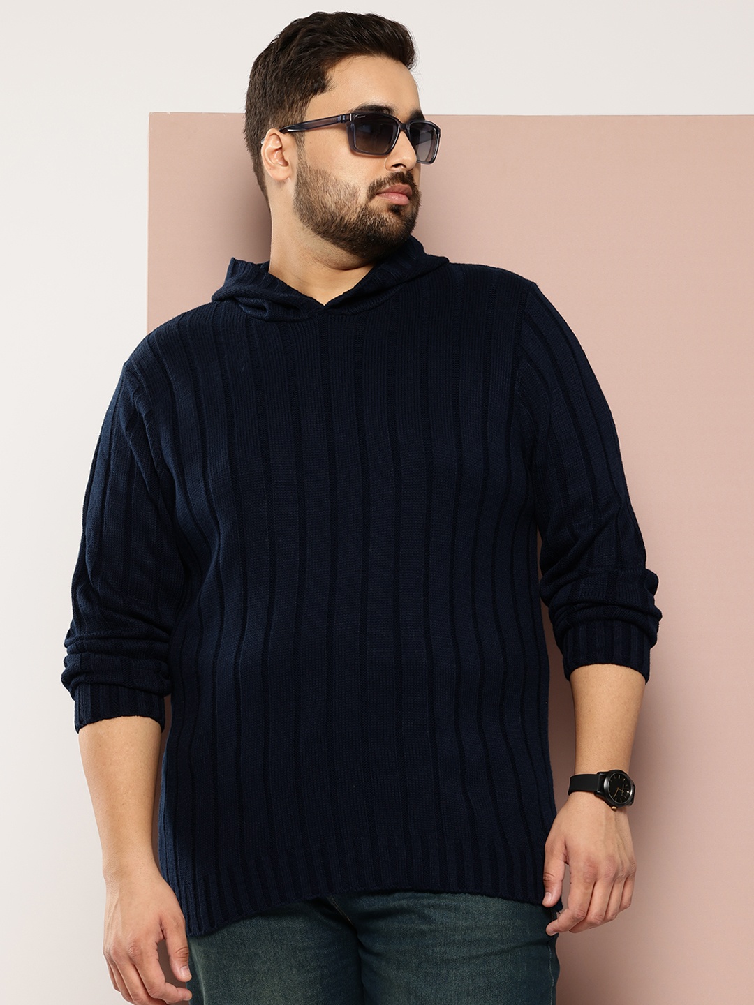 

Sztori Plus Size Ribbed Hooded Pullover Sweater, Navy blue