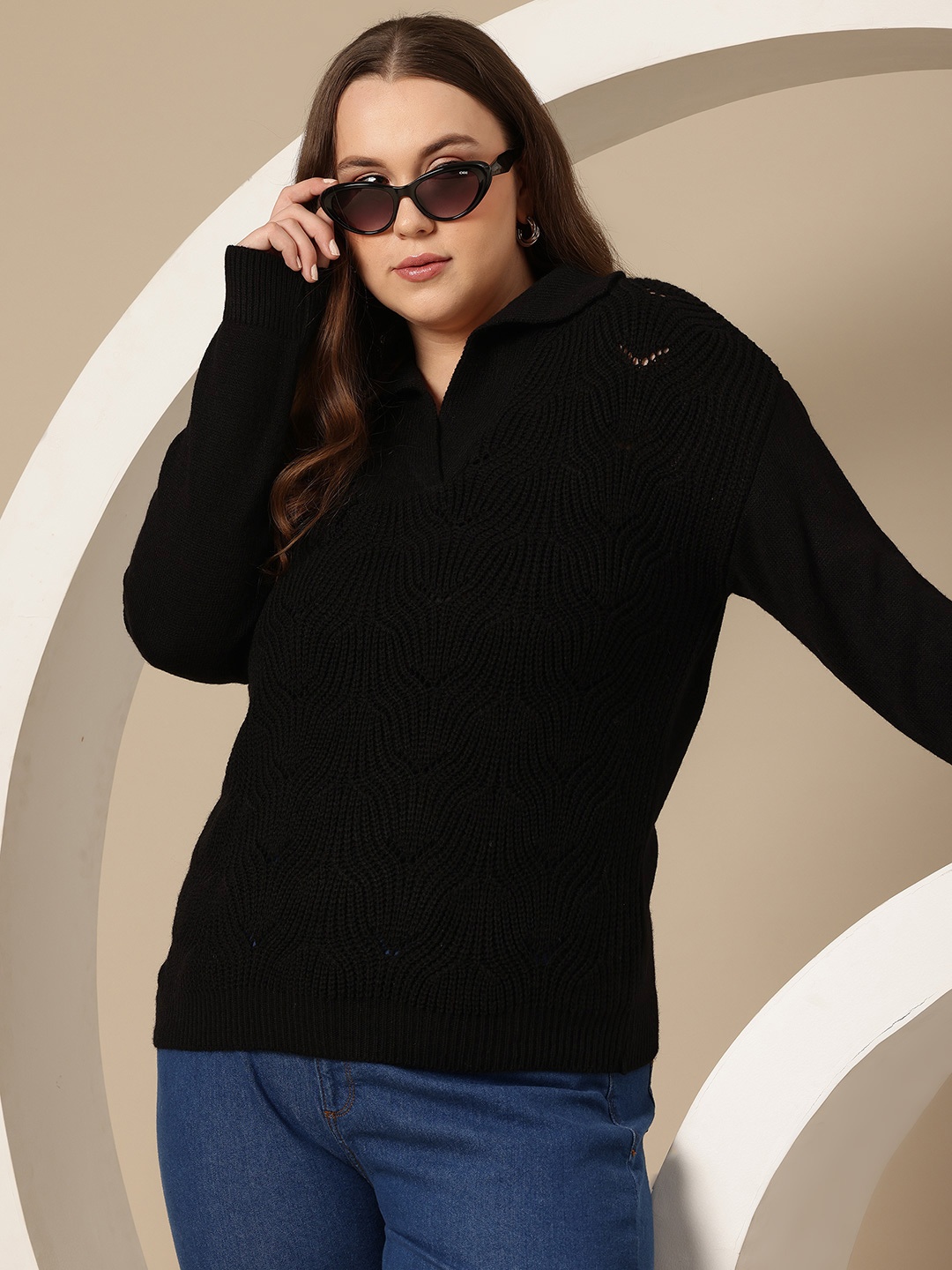 

Sztori Plus Size Acrylic Open Knit Detail Ribbed Pullover, Black