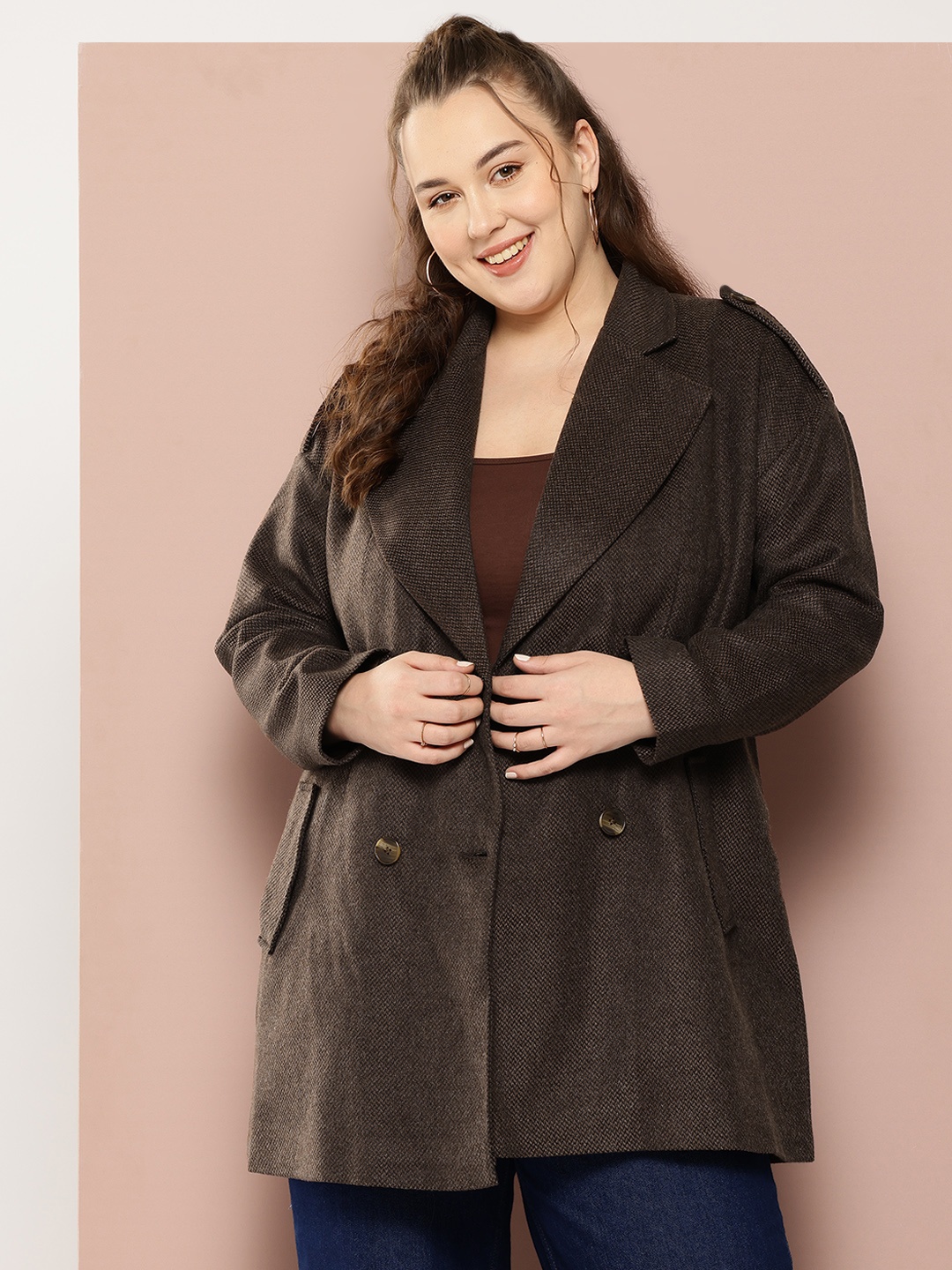 

Sztori Plus Size Checked Overcoat, Brown