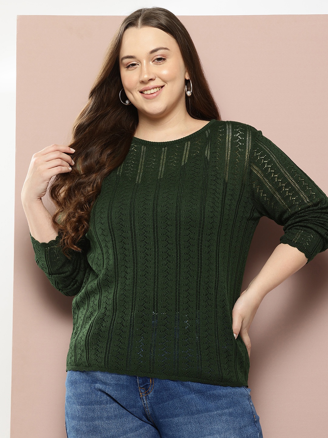 

Sztori Plus Size Open Knit Pullover, Olive