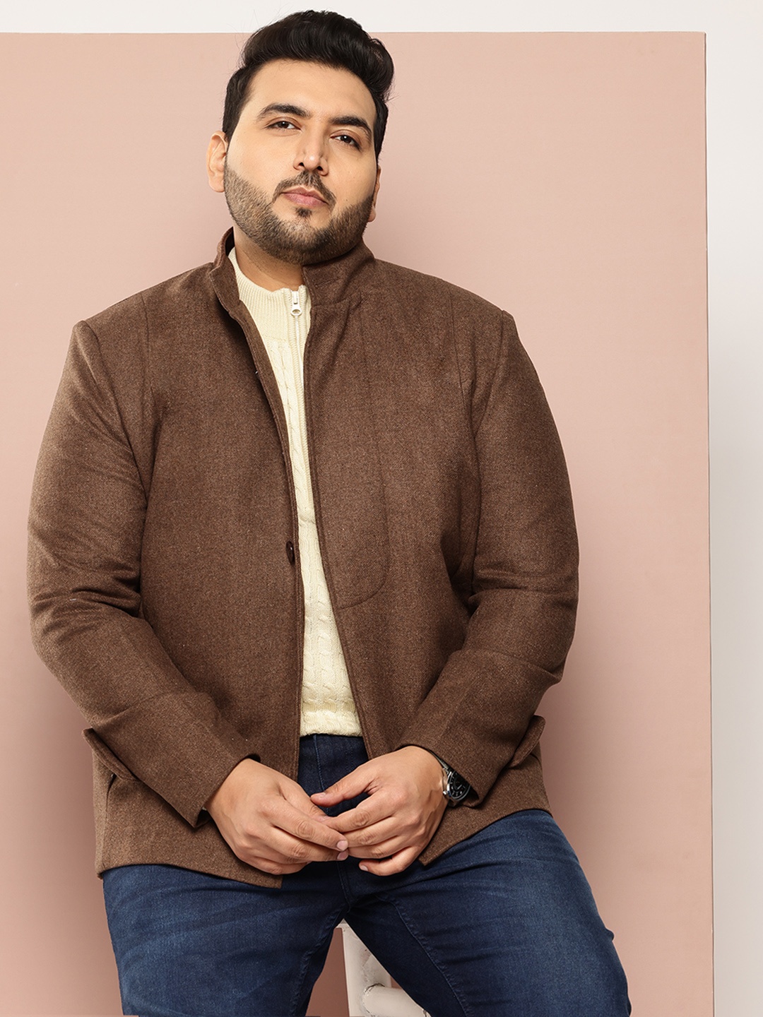 

Sztori Plus Size Band Collar Single-Breasted Coat, Brown