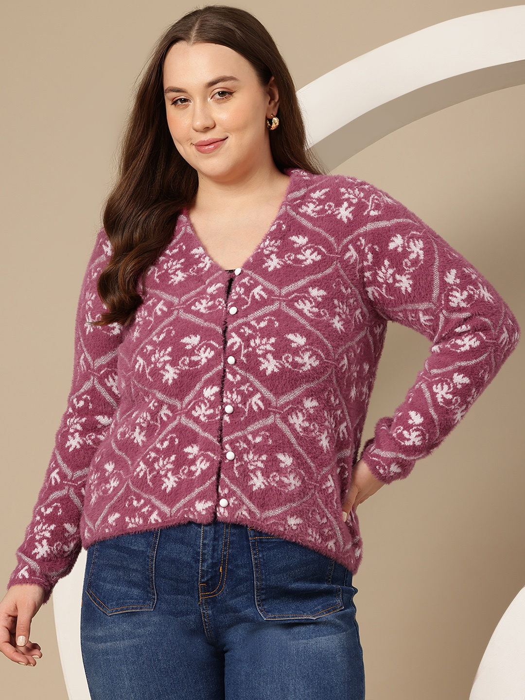 

Sztori Plus Size Motifs Design Fuzzy Cardigan, Pink