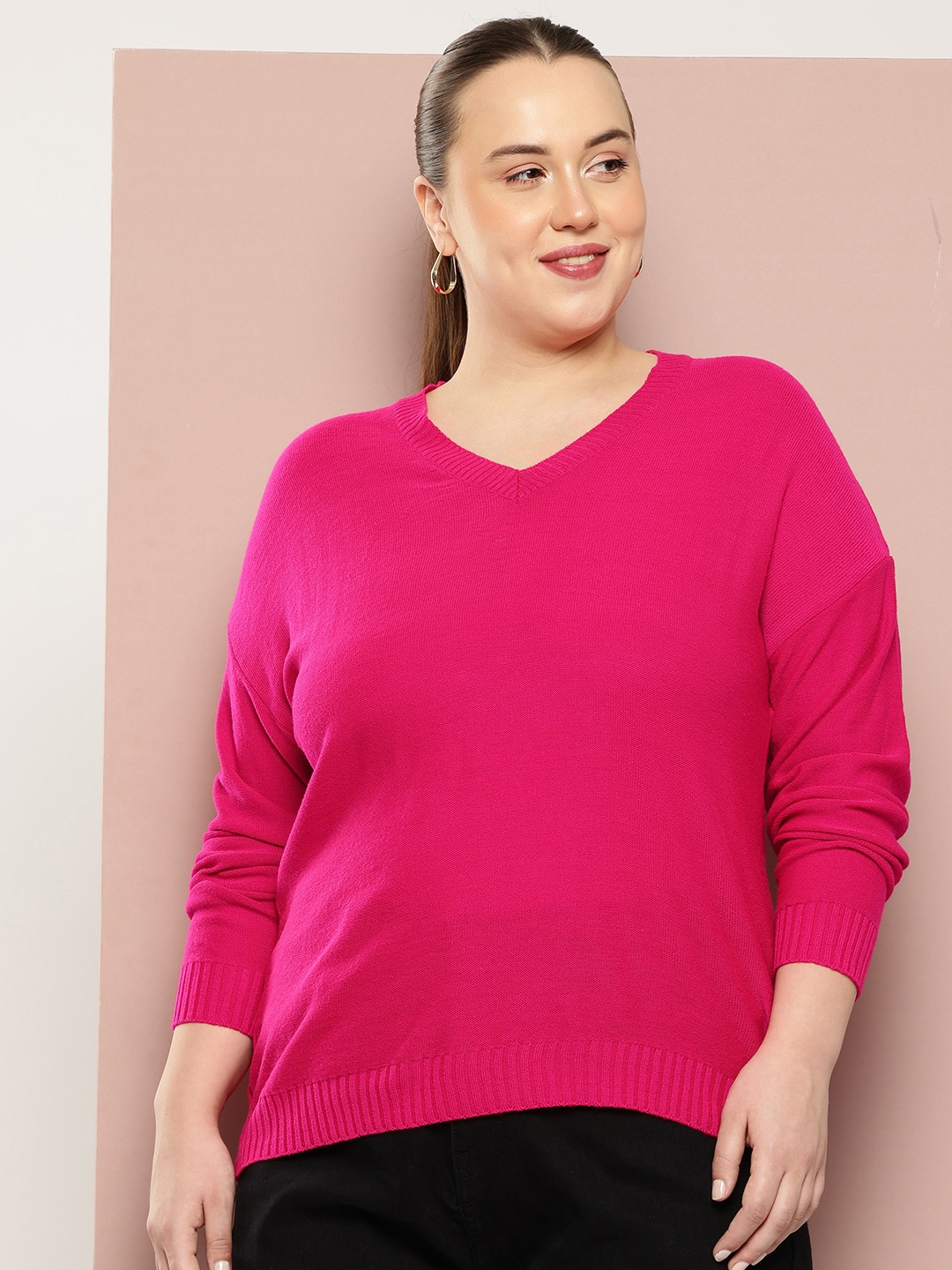 

Sztori Plus Size V-Neck Drop-Shoulder Sleeve Pullover, Pink