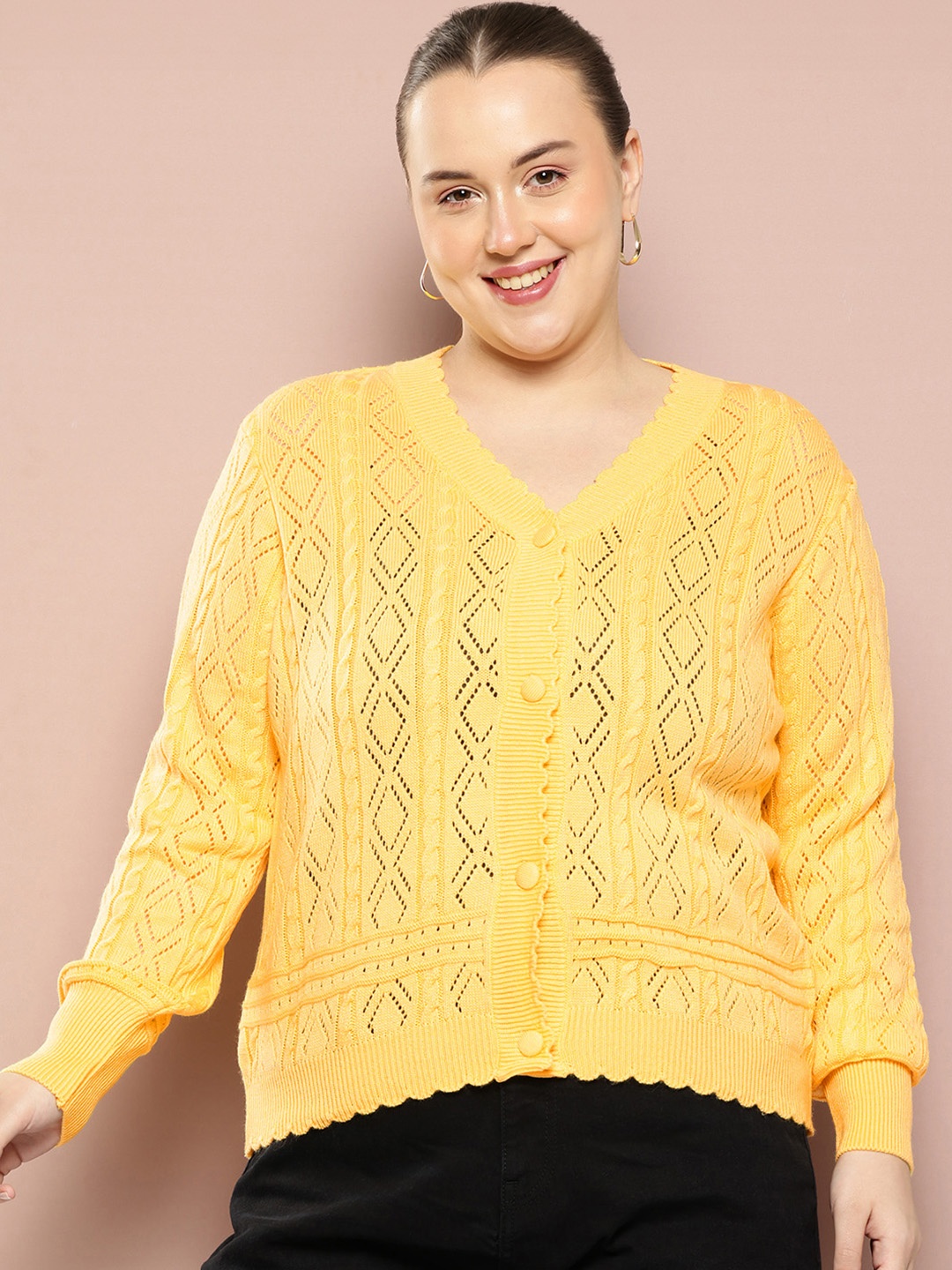

Sztori Plus Size Open Knit Cardigan, Yellow