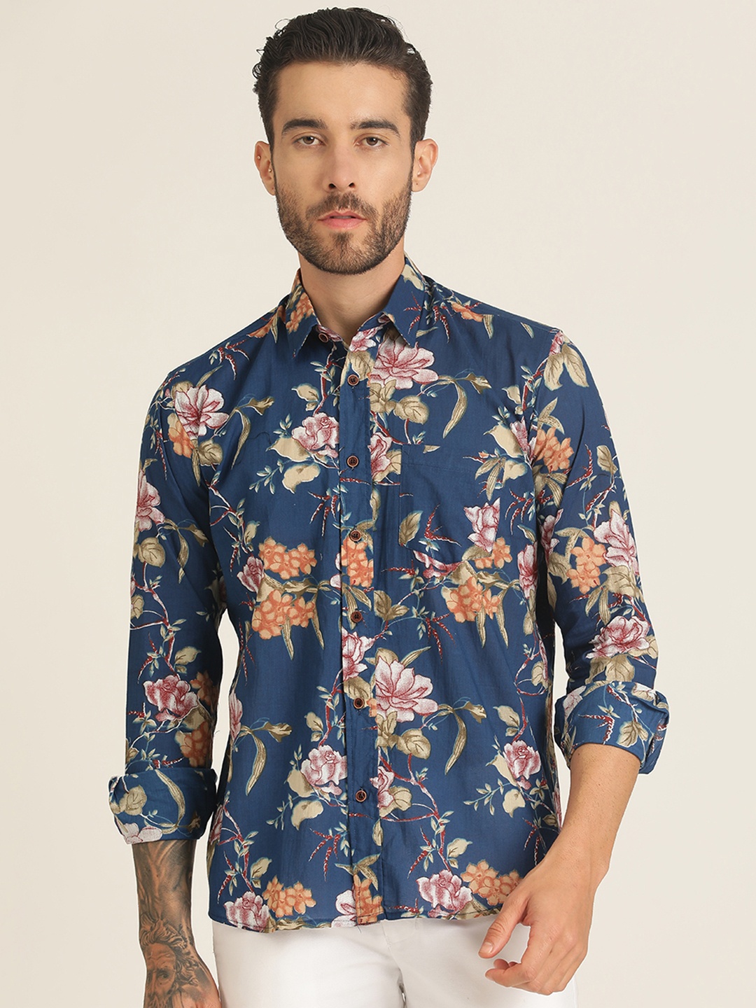 

SPS Relaxed Floral Printed Opaque Cotton Casual Shirt, Blue