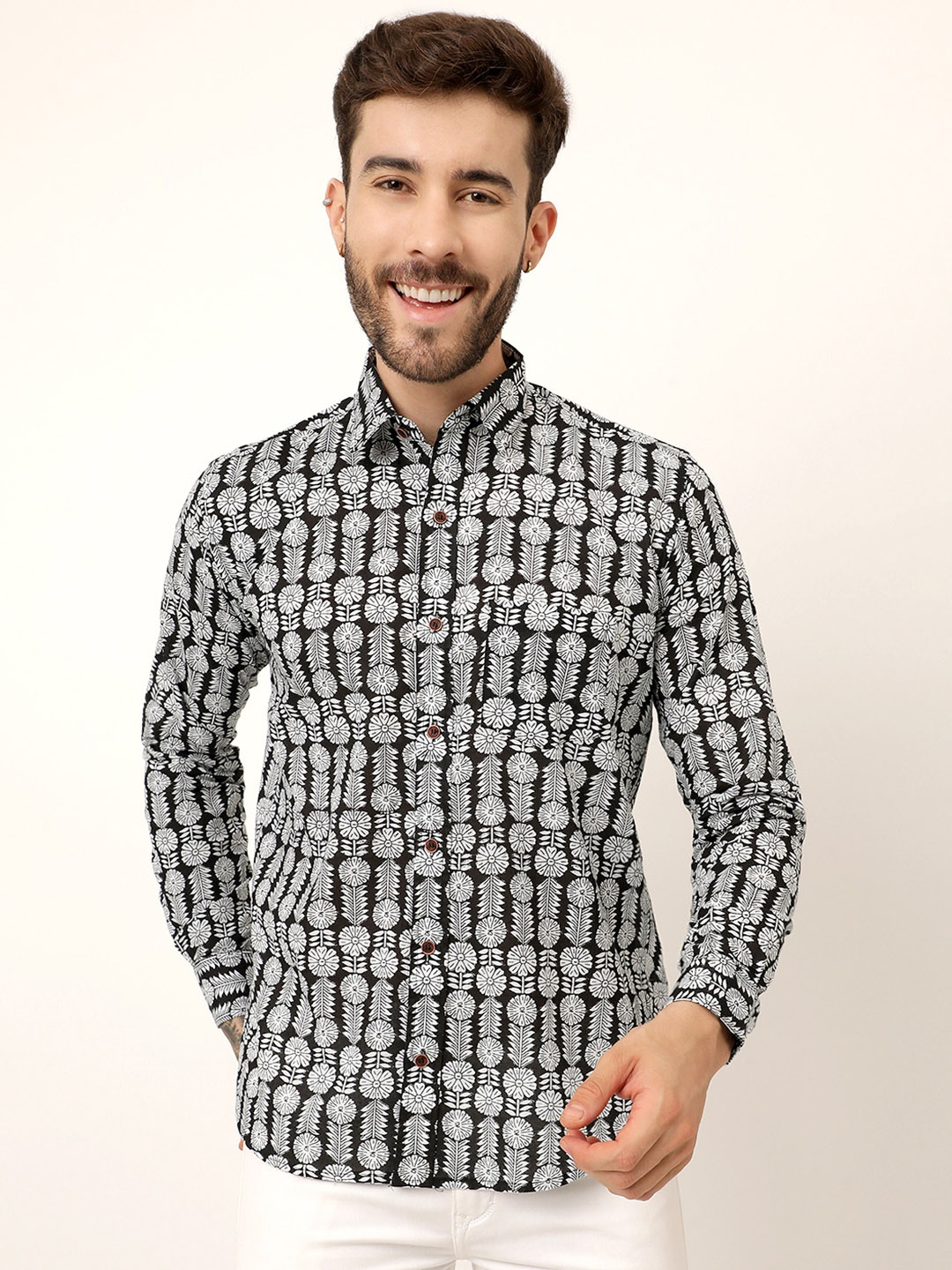

SPS Relaxed Floral Printed Opaque Cotton Casual Shirt, Black