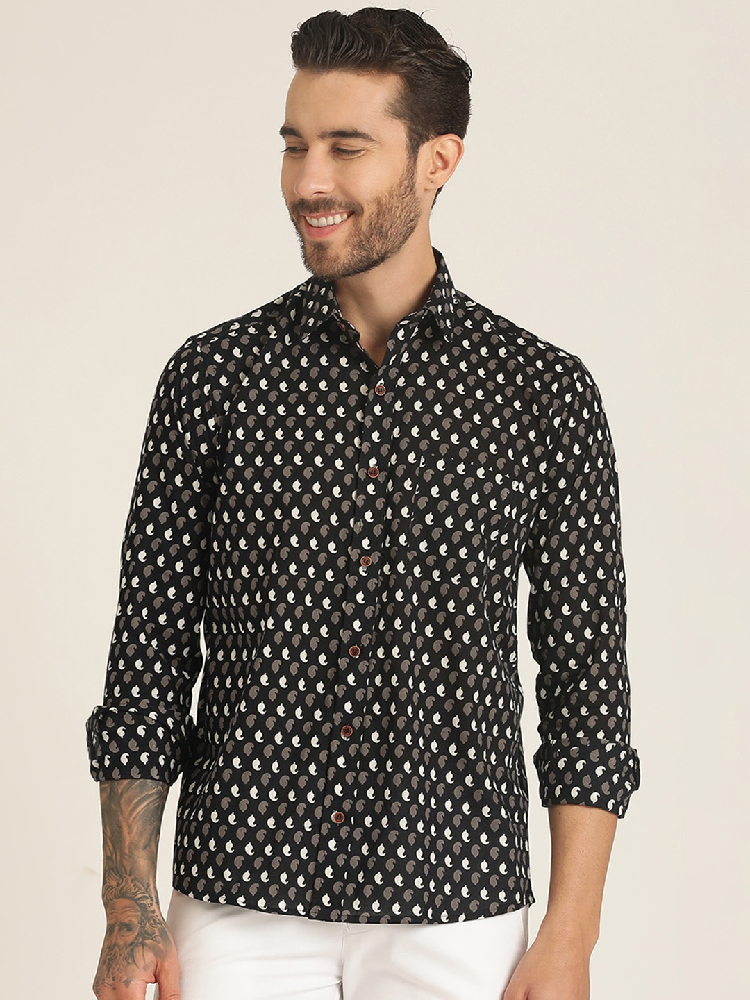 

SPS Relaxed Paisley Printed Opaque Cotton Casual Shirt, Black