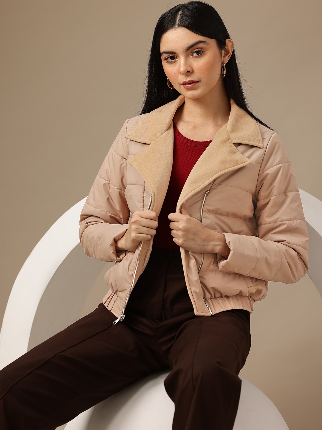 

Chemistry Asymmetric Closure Biker Jacket, Beige