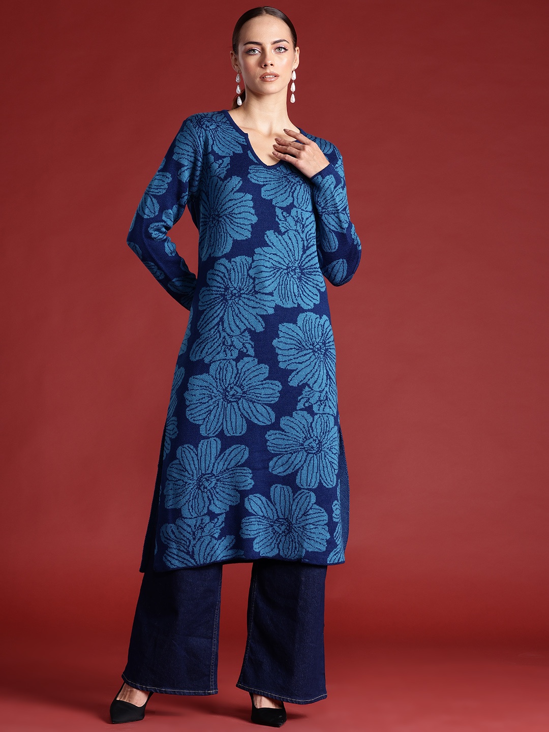 

all about you Floral Woven Design Kurta, Blue