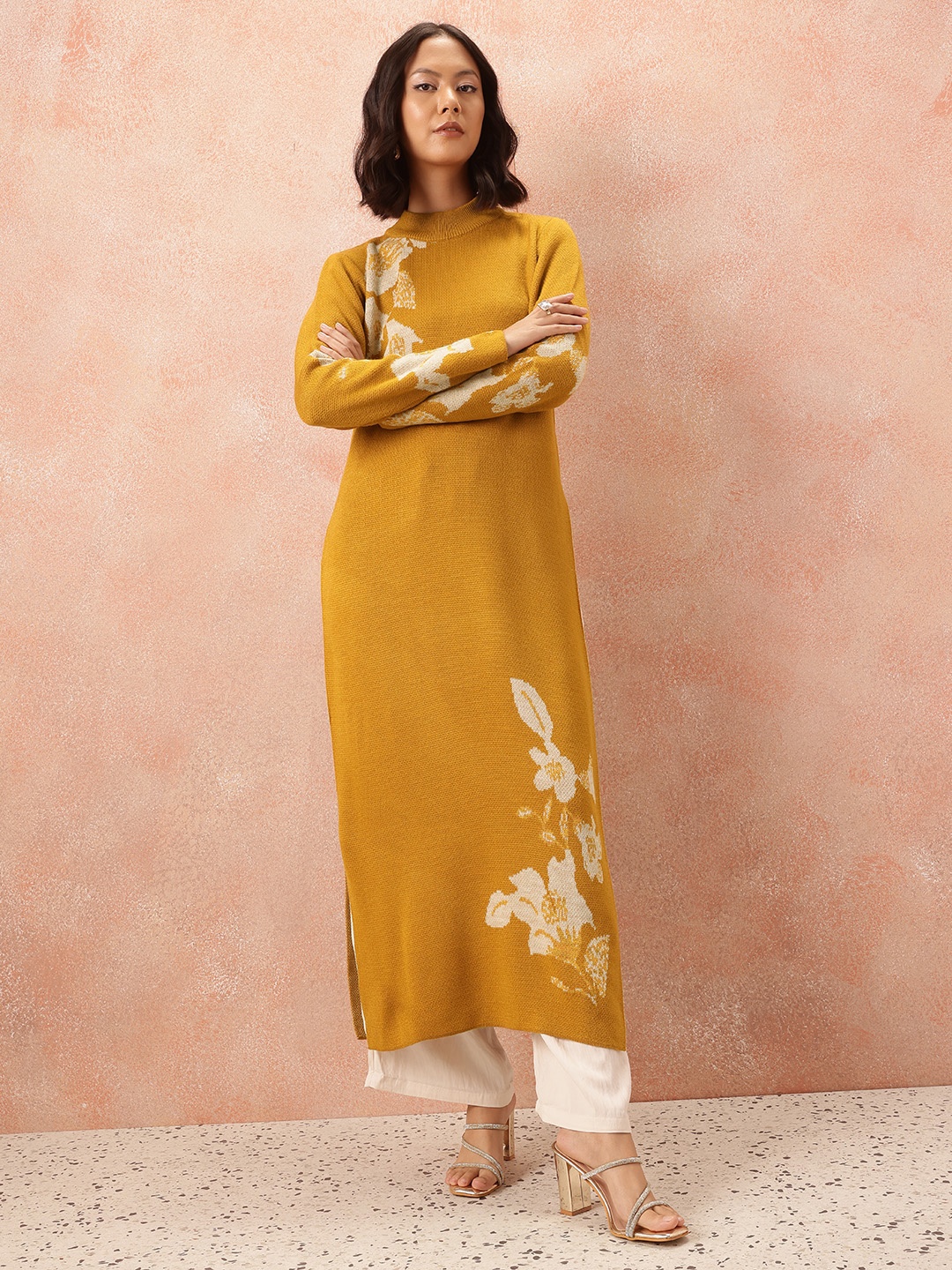 

all about you Floral Design Knitted Winter Kurta, Mustard