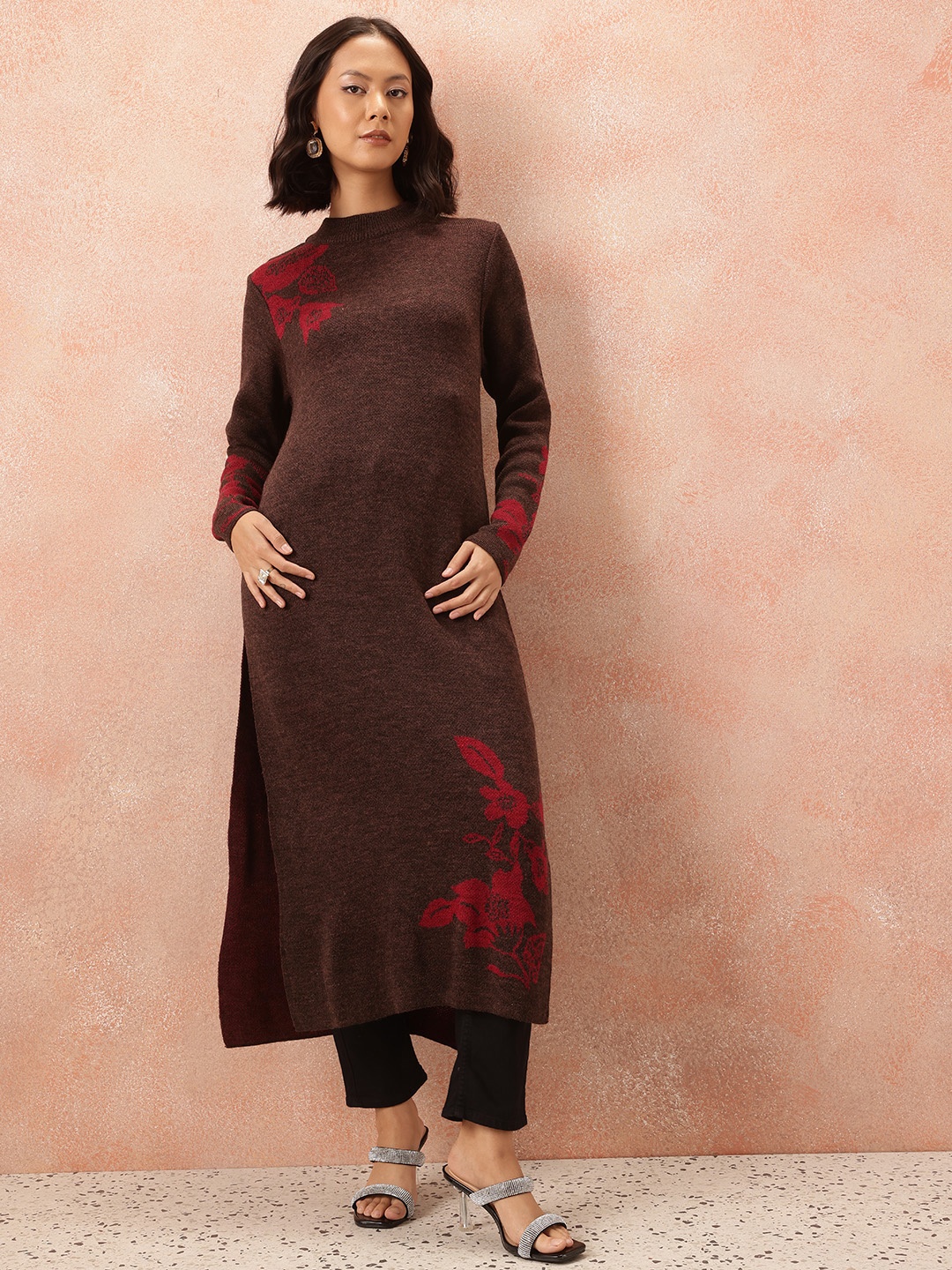 

all about you Floral Design Knitted Winter Kurta, Brown