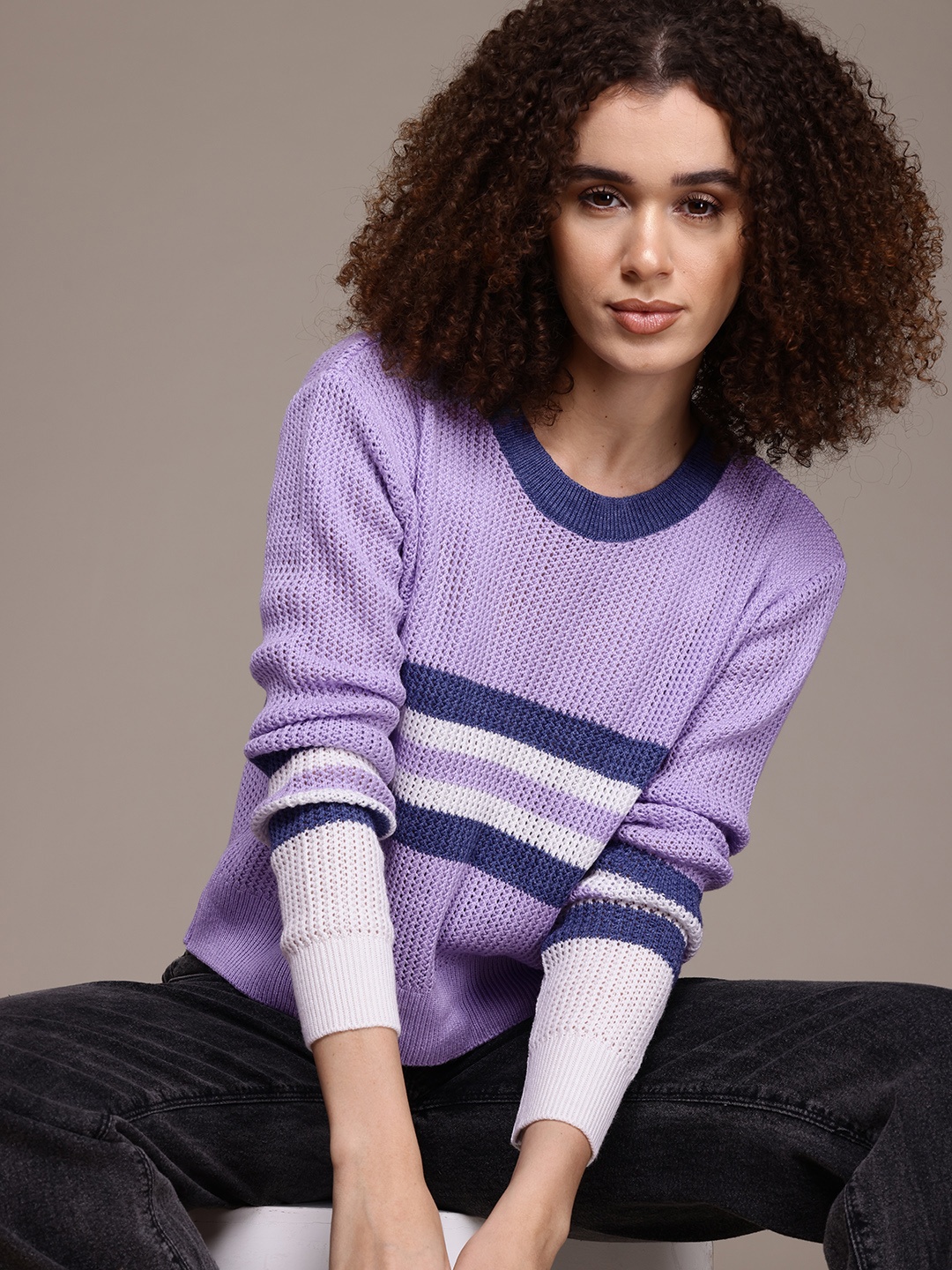 

The Roadster Lifestyle Co. Women Striped Acrylic Pullover, Lavender