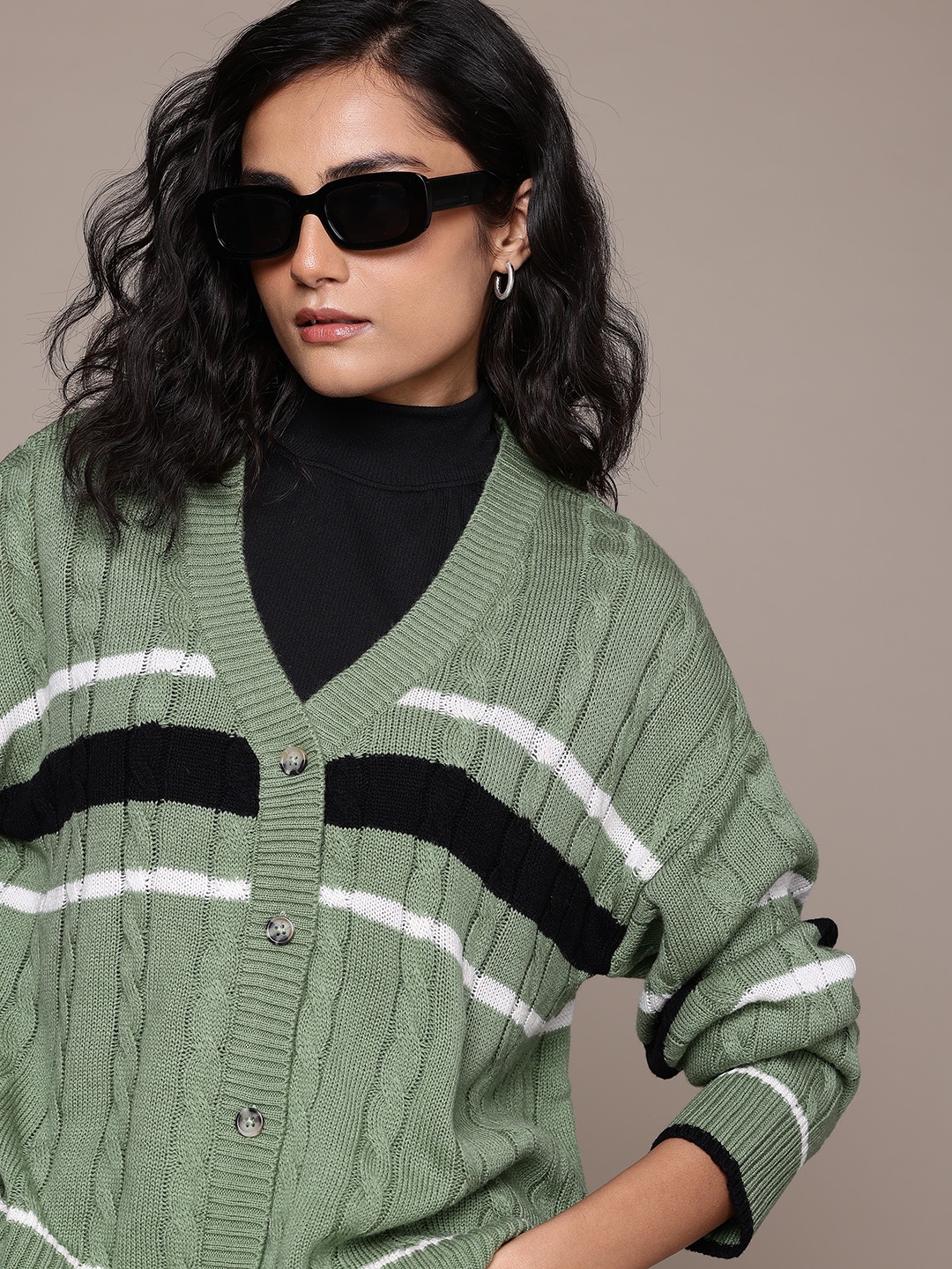 The Roadster Lifestyle Co. Acrylic Striped Cable Knit Cardigan, Green