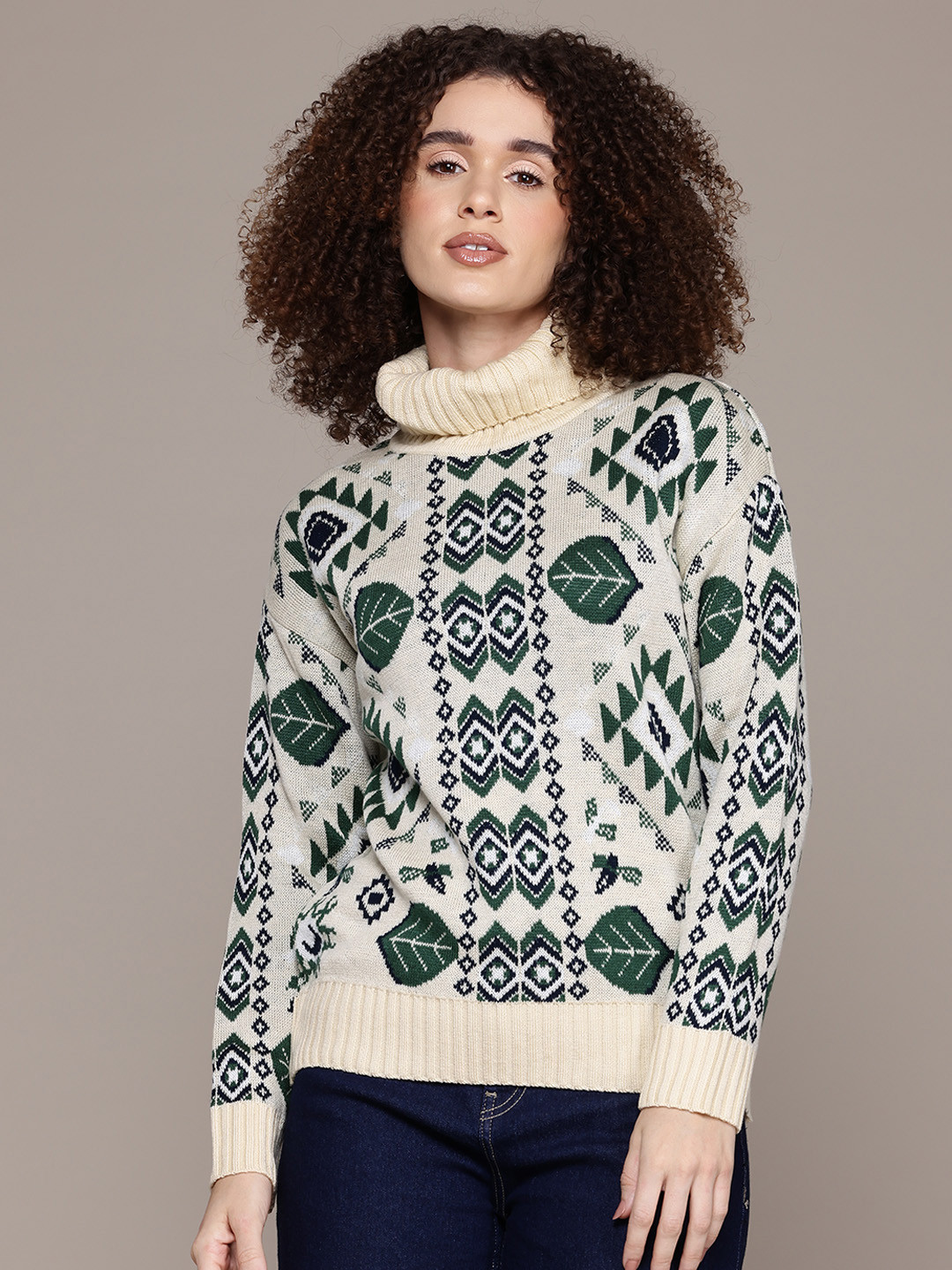 

The Roadster Lifestyle Co. Self-Designed Turtle Neck Acrylic Pullover, White
