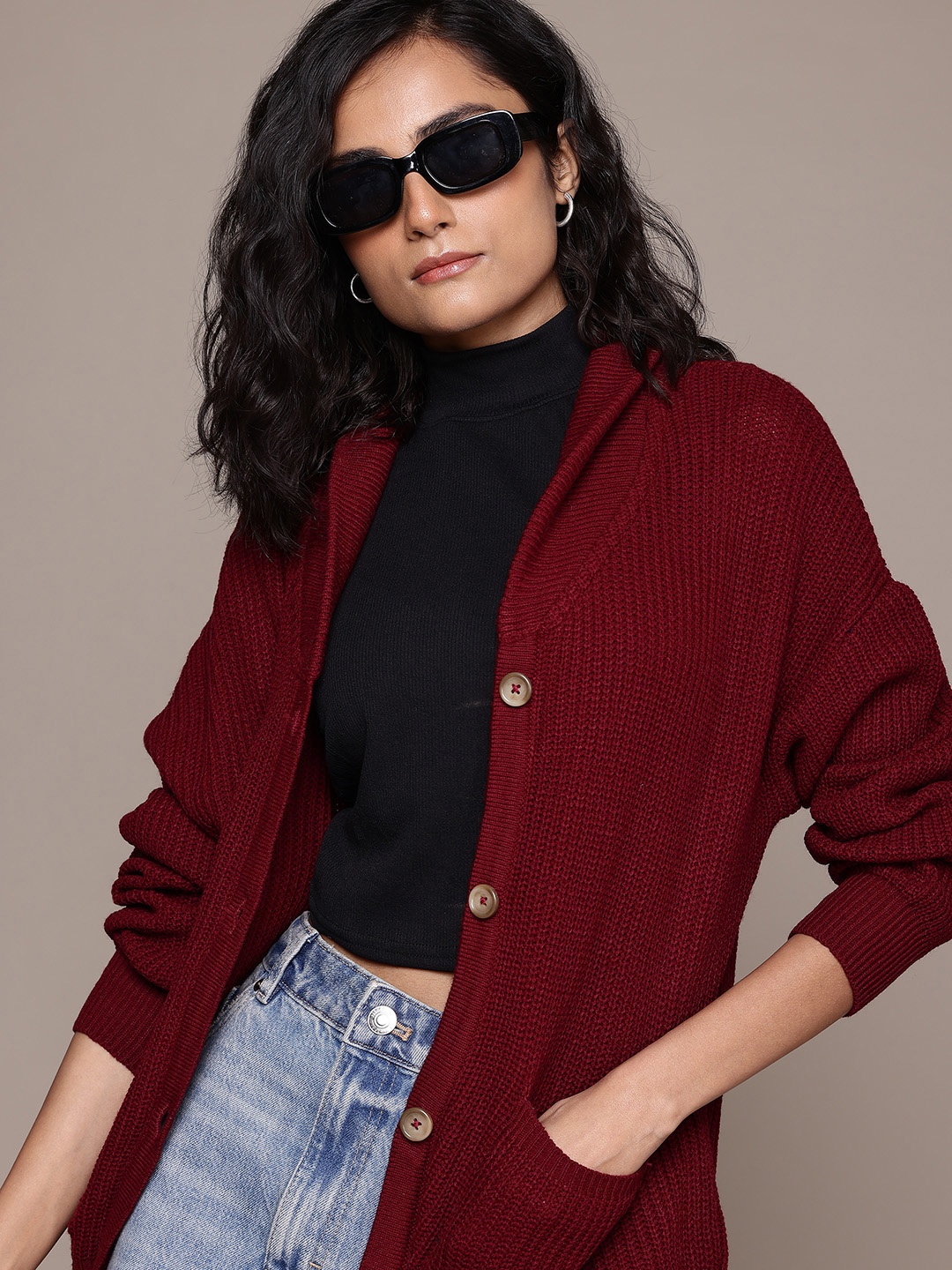 

The Roadster Lifestyle Co. Acrylic Ribbed Oversized Cardigan, Maroon