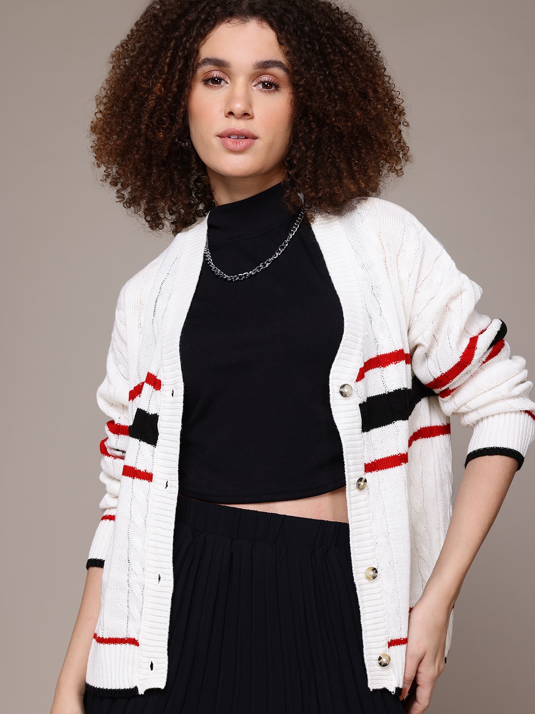 

The Roadster Life Co. Self Design Striped Cardigan, White