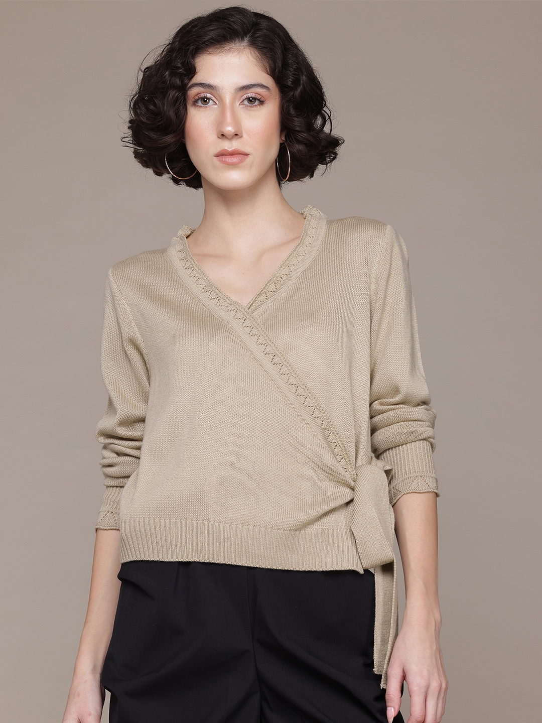 

The Roadster Lifestyle Co. Pure Acrylic Tie-Up Wrap Cardigan, Beige