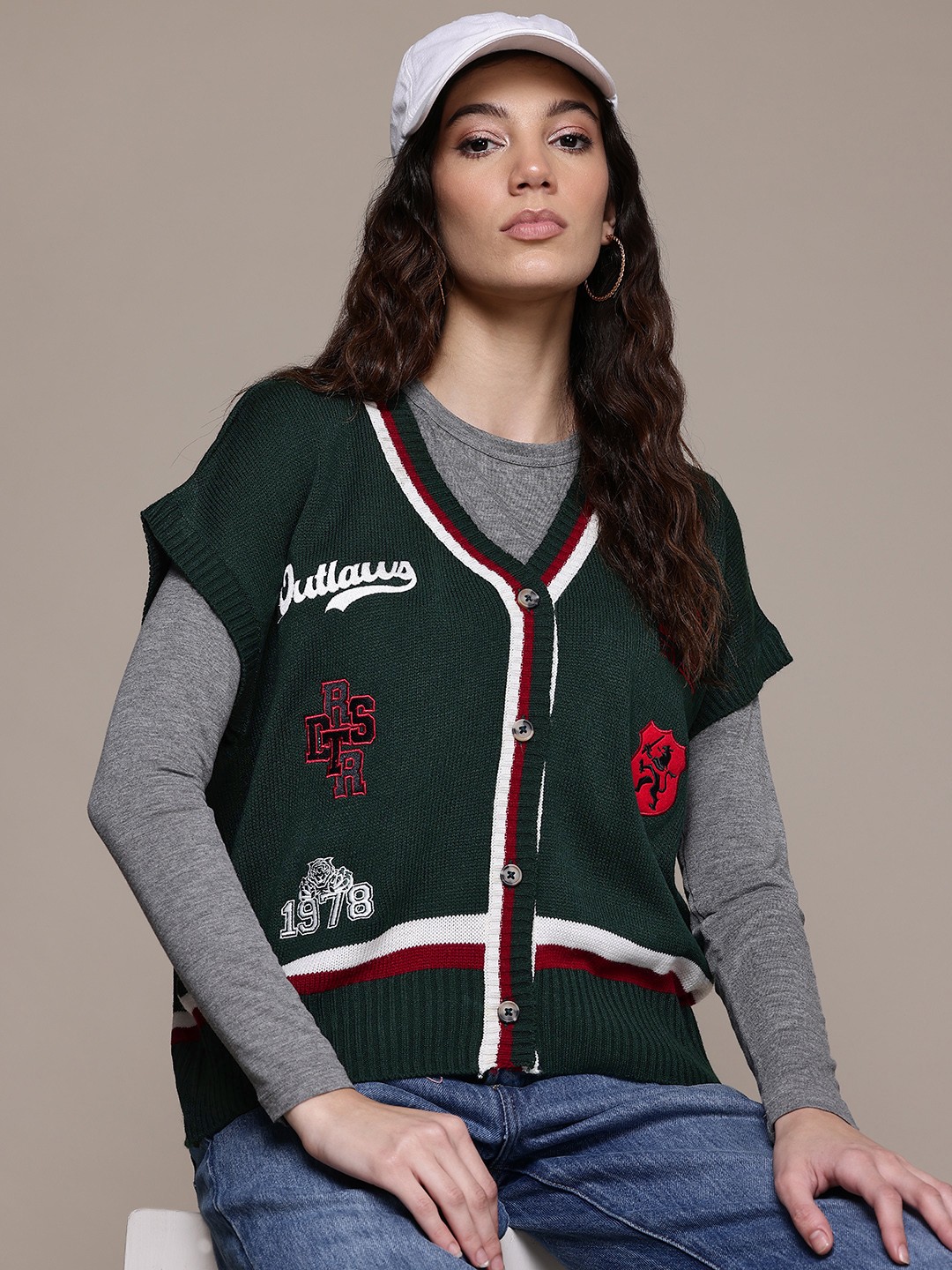

The Roadster Lifestyle Co. Striped Applique Detail Cardigan, Green