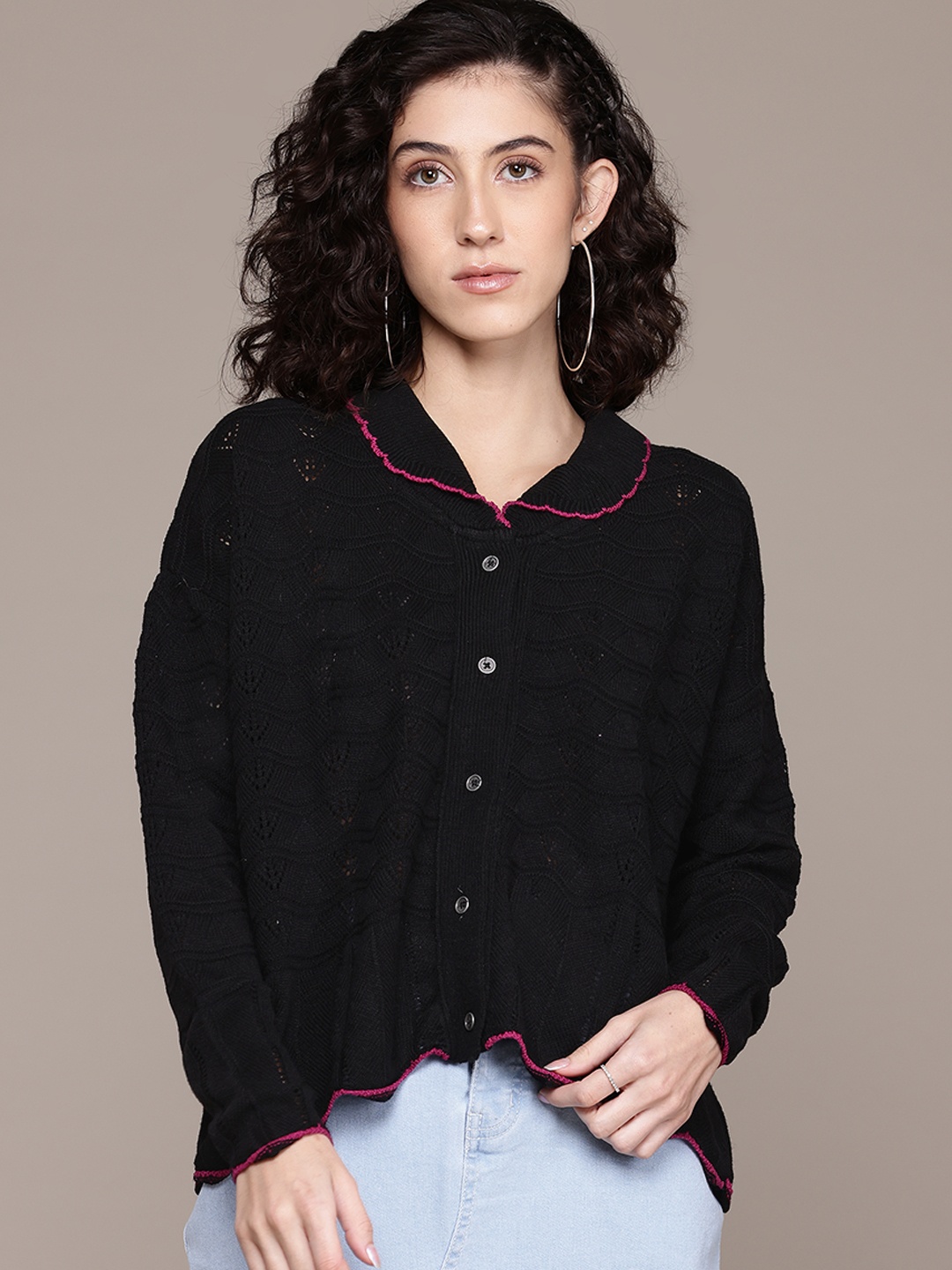 

The Roadster Lifestyle Co. Pure Acrylic Open Knit Self-Design Cardigan, Black