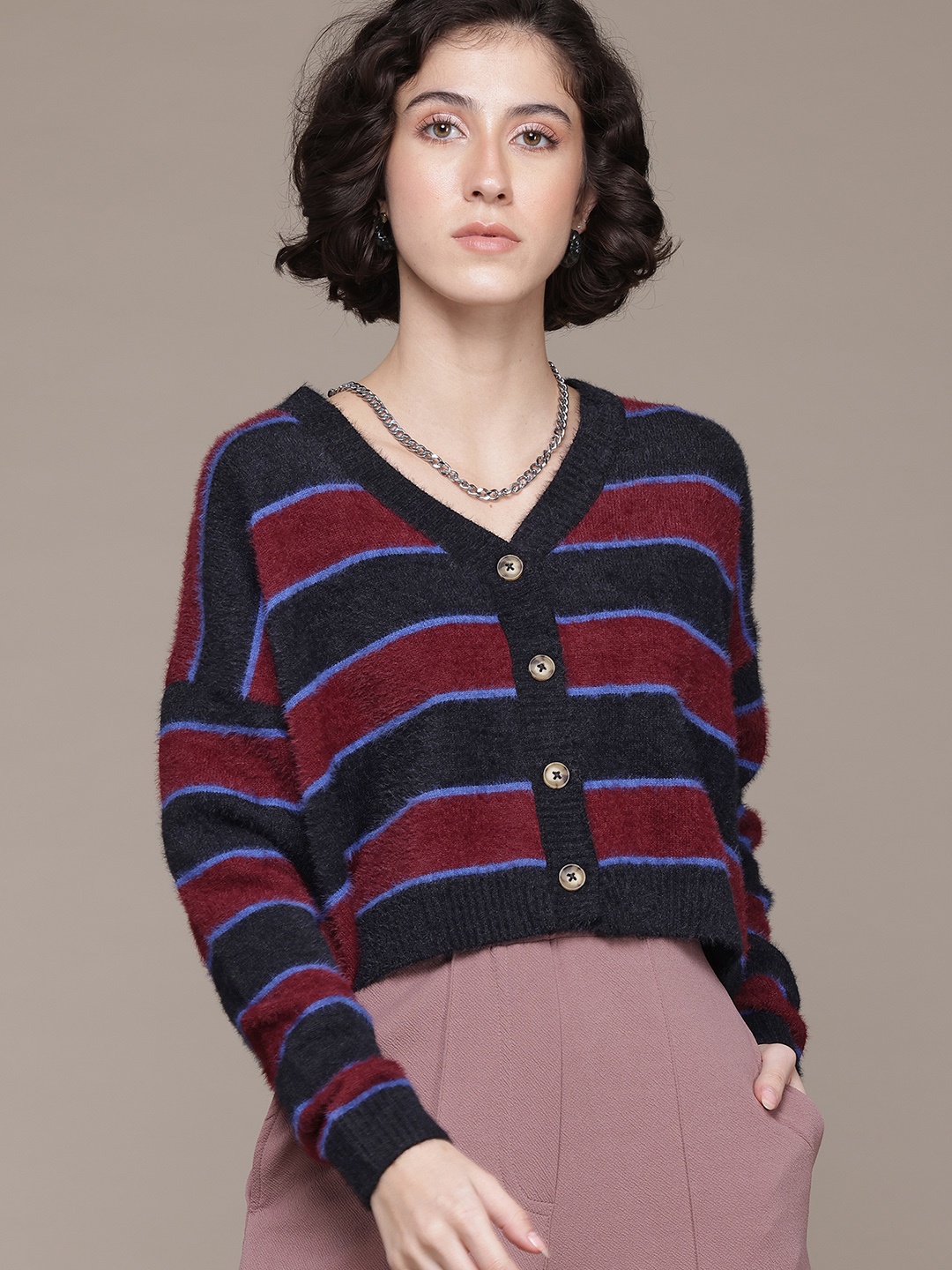 

The Roadster Lifestyle Co. Women Fuzzy Striped Cardigan, Black