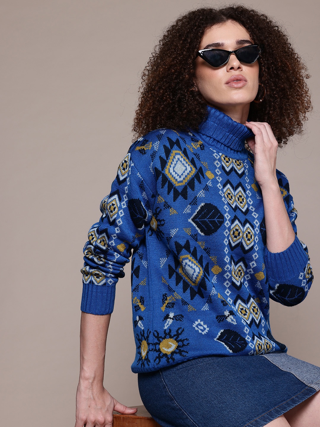 

The Roadster Lifestyle Co. Turtle Neck Geometric Pullover, Blue