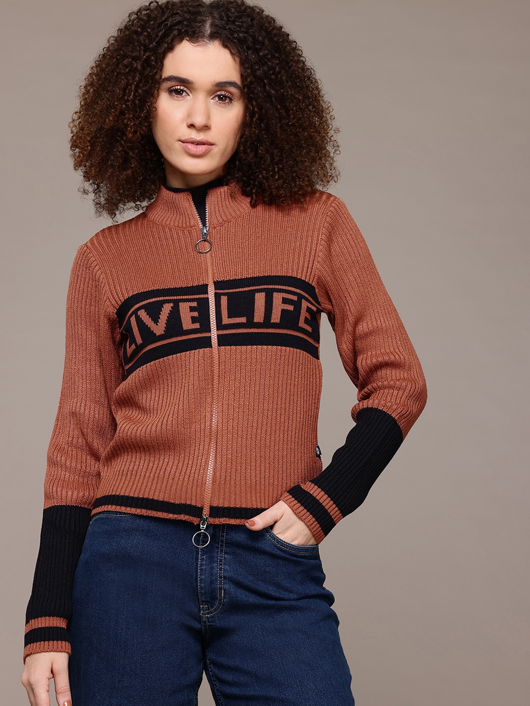

The Roadster Lifestyle Co. Mock Collar Striped Sweater, Brown