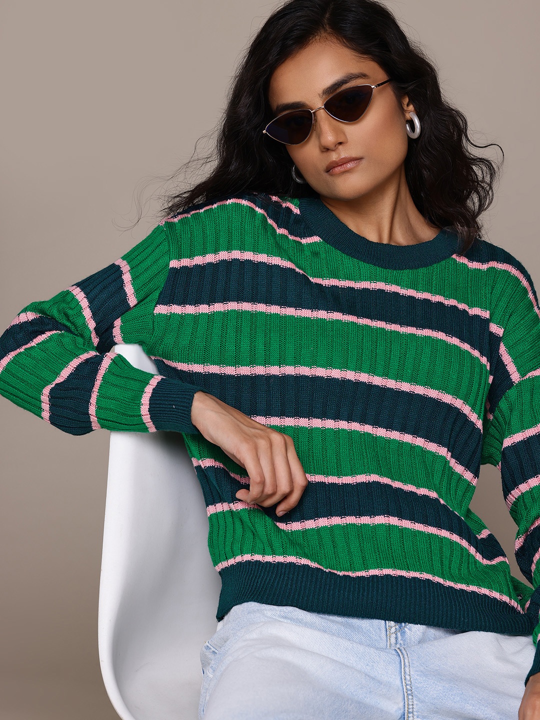 

Roadster The Lifestyle Co. Acrylic Striped Ribbed Pullover, Green