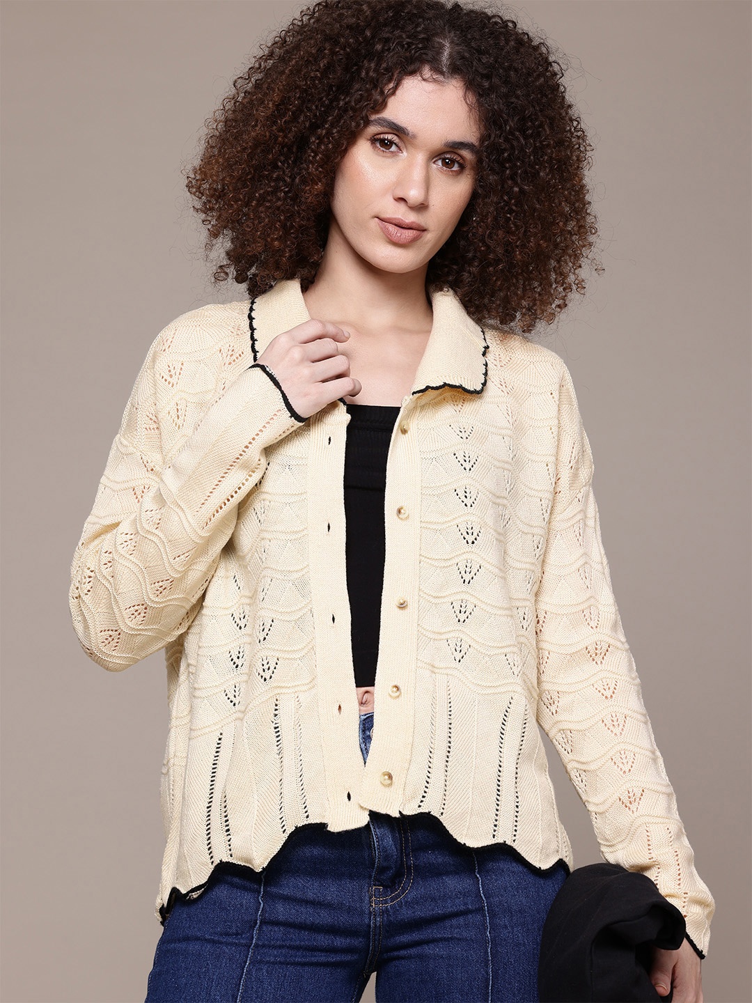 

The Roadster Lifestyle Co. Knitted Open-Knit Cardigan, Yellow