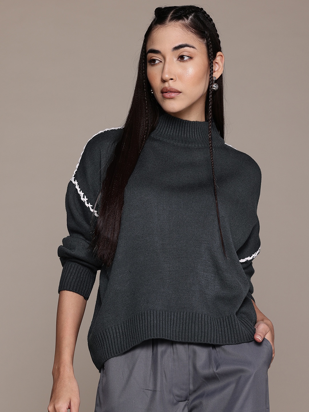 

The Roadster Lifestyle Co. High Neck Pullover with Embroidered Detail, Grey