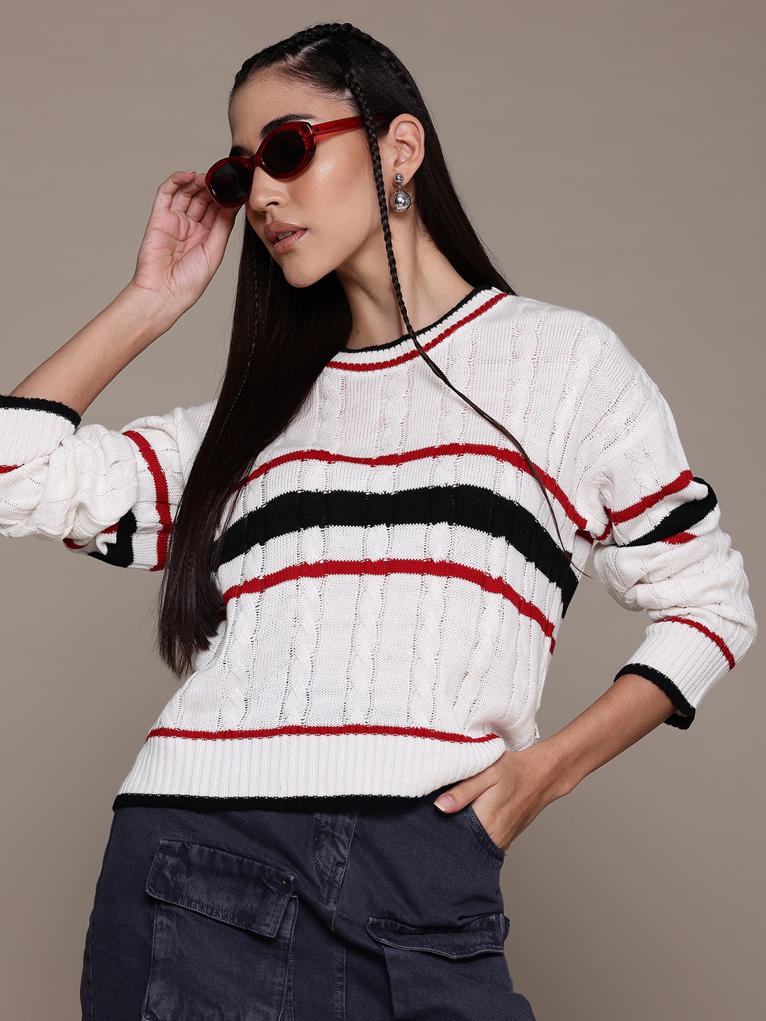 

The Roadster Lifestyle Co. Cable Knit Striped Pullover, White