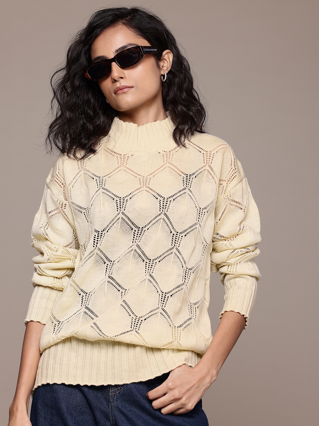 

The Roadster Lifestyle Co. Self Design Open Knit Sweater, Beige