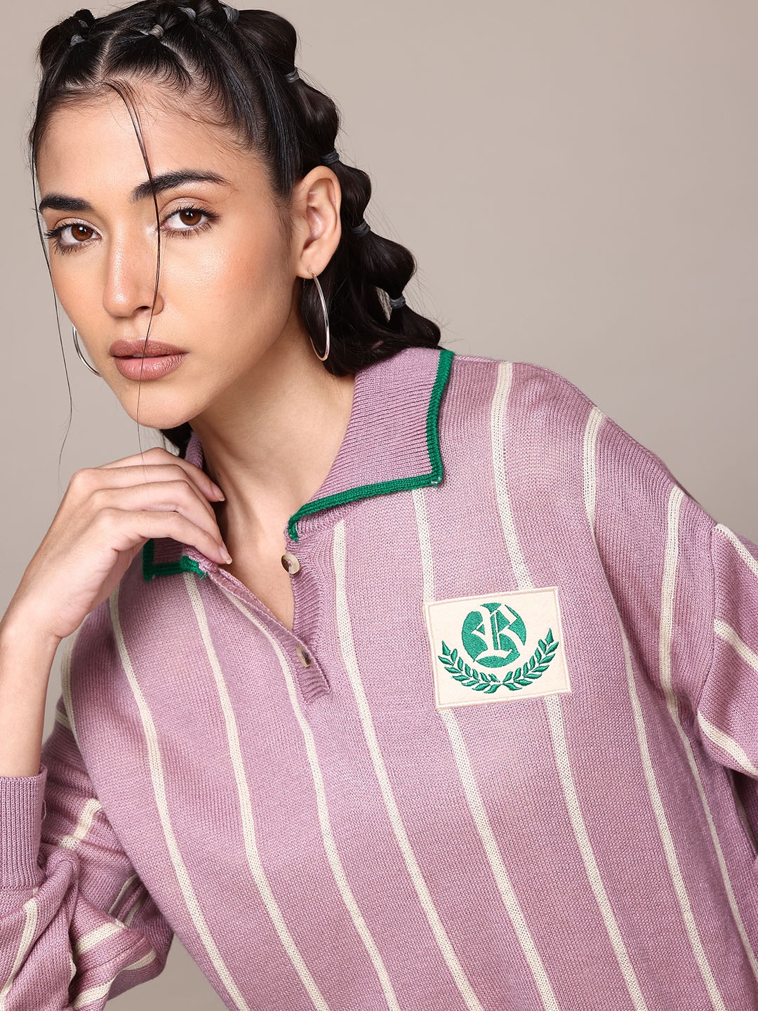 

The Roadster Lifestyle Co. Polo Collar Striped Pullover, Pink