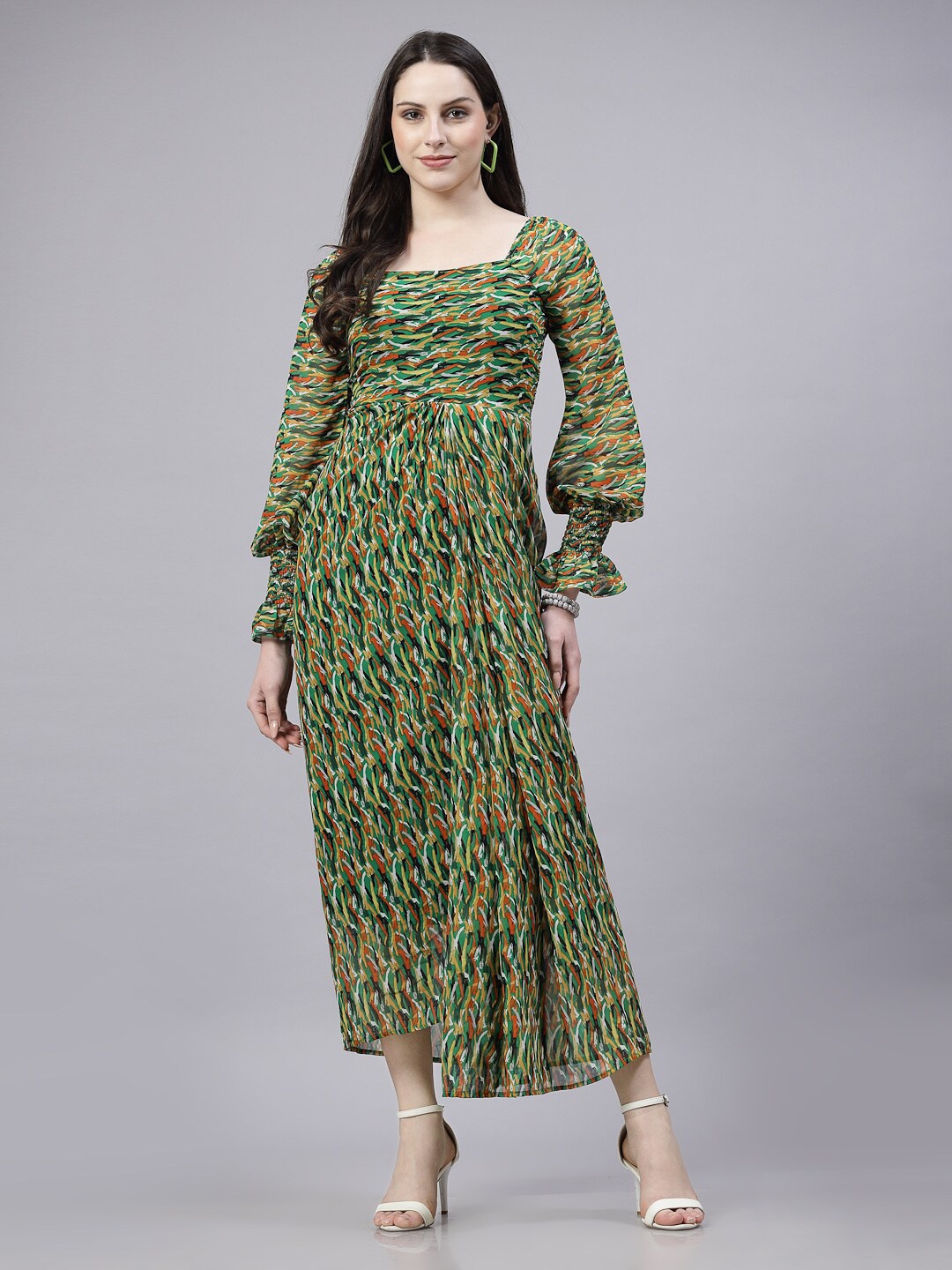 

aayu Floral Print Square Neck Bell Sleeve Georgette Maxi Dress, Green