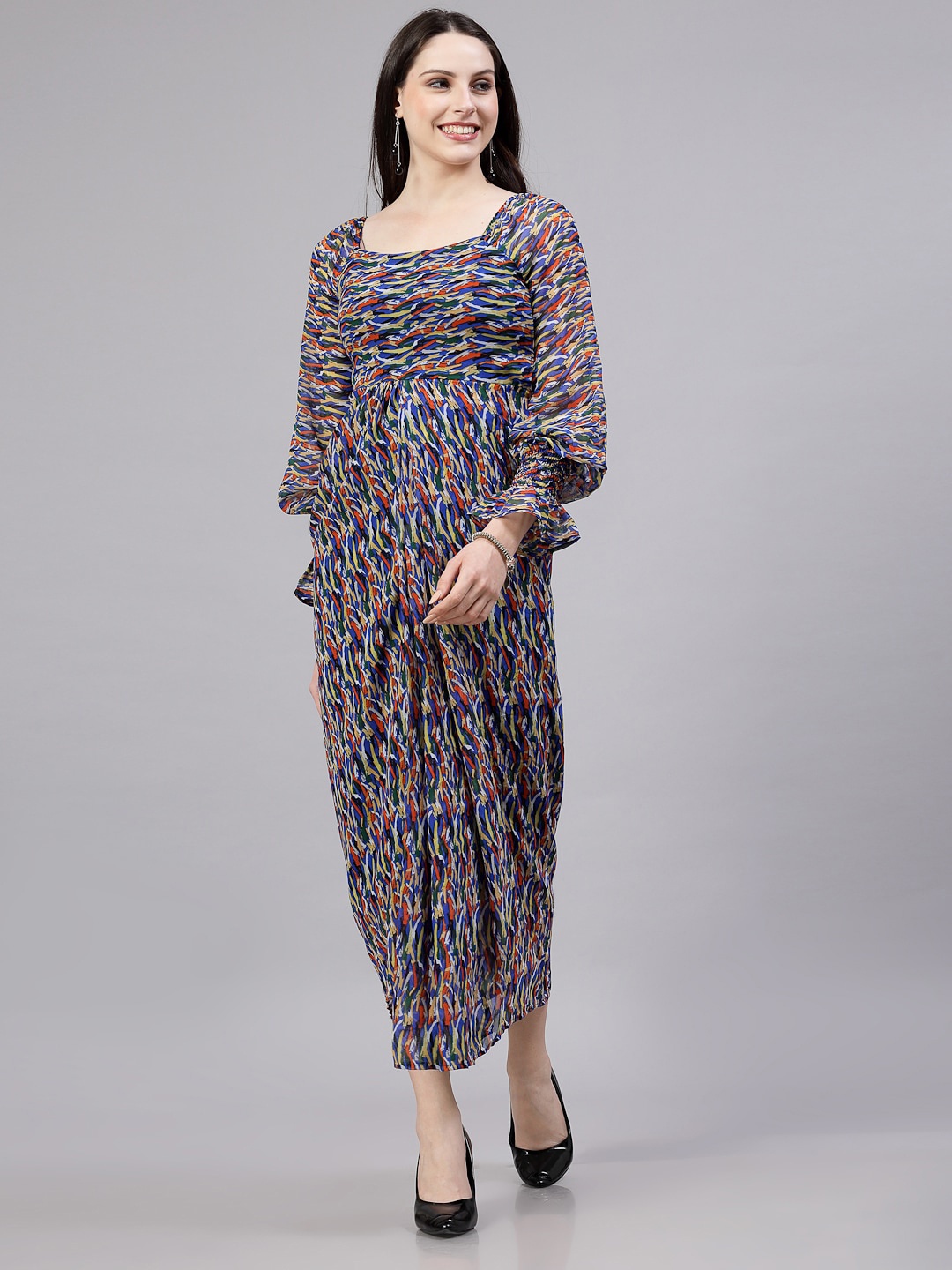 

aayu Floral Print Square Neck Puff Sleeve Georgette Maxi Dress, Blue
