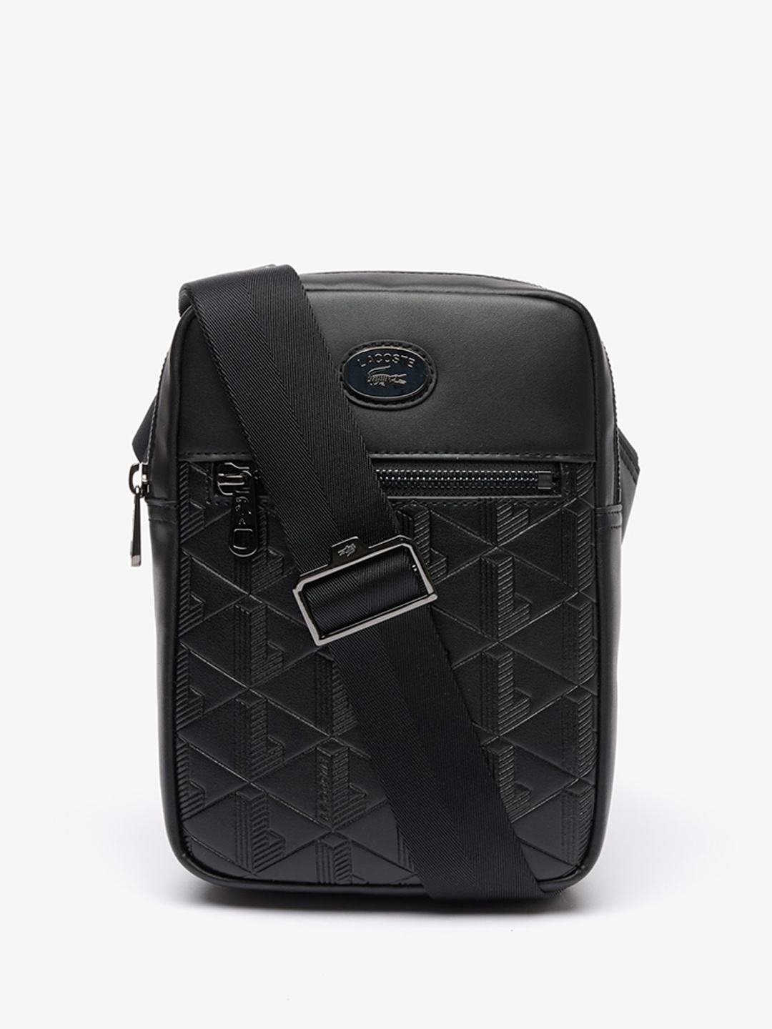 

Lacoste Geometric Textured Structured Crossover Sling Bag, Black