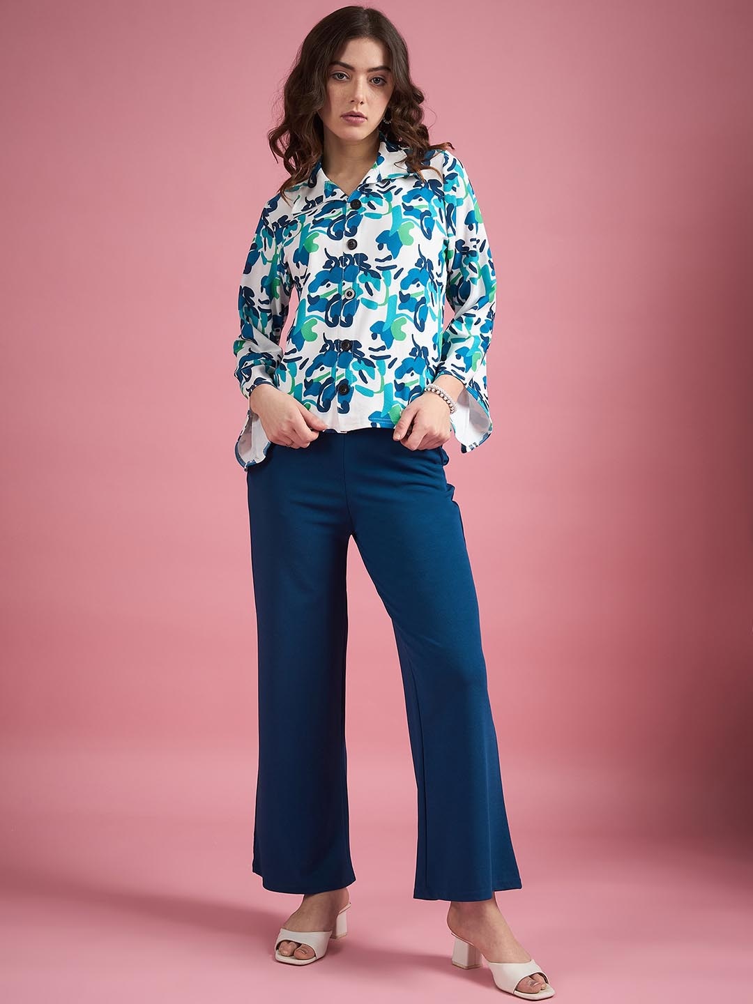 

DressBerry Teal Blue Abstract Printed Shirt With Trouser