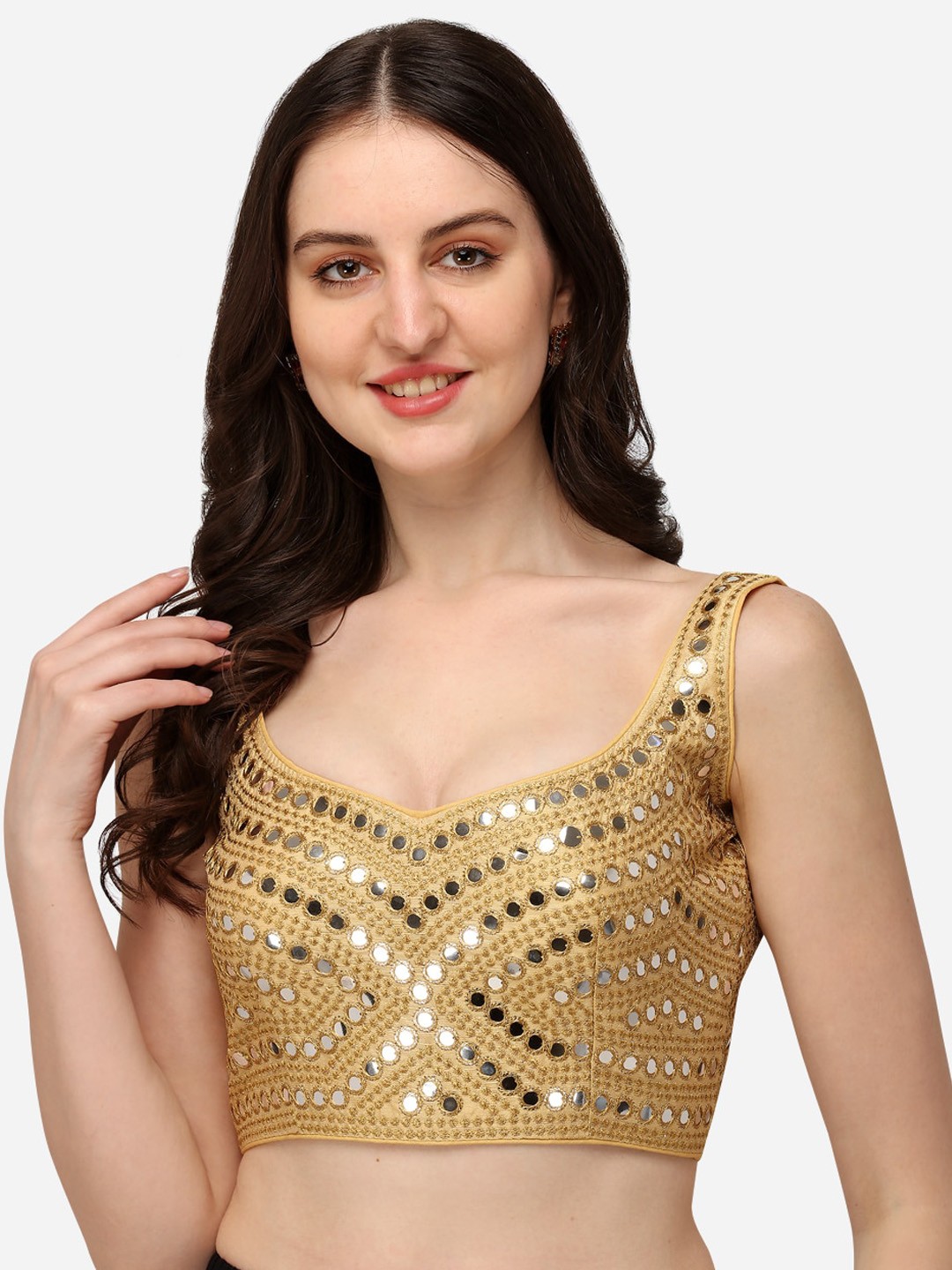 

Fab Dadu Embroidered Mirror Work Silk Saree Blouse, Beige