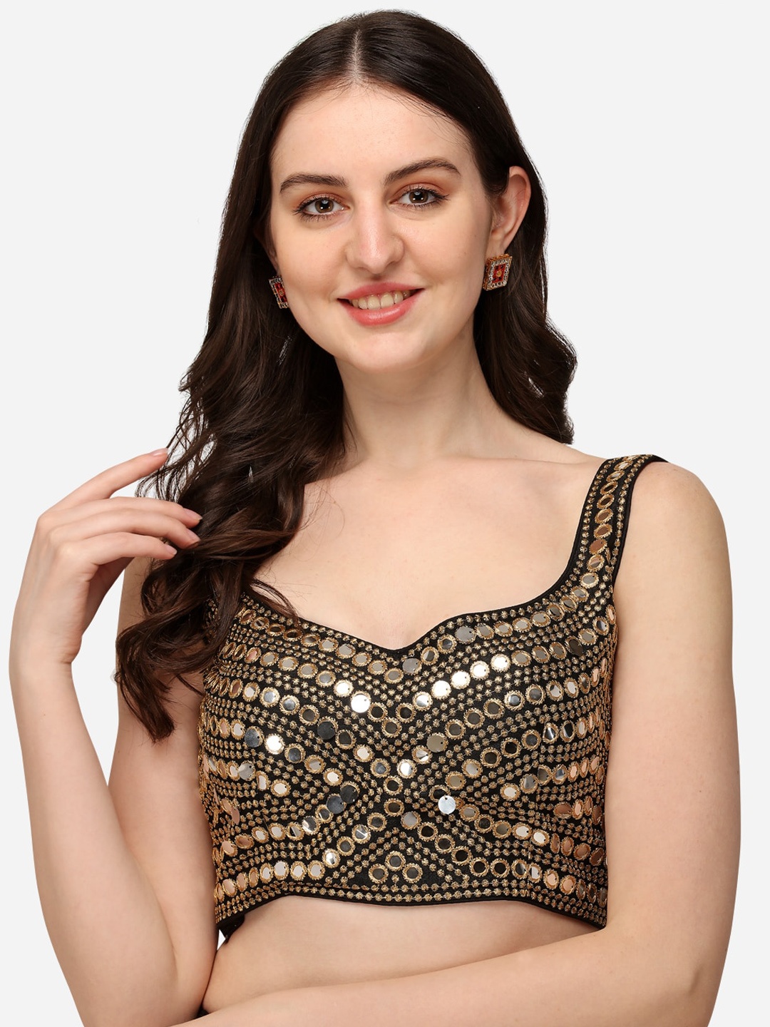 

Fab Dadu Embroidered Mirror Work Silk Saree Blouse, Black