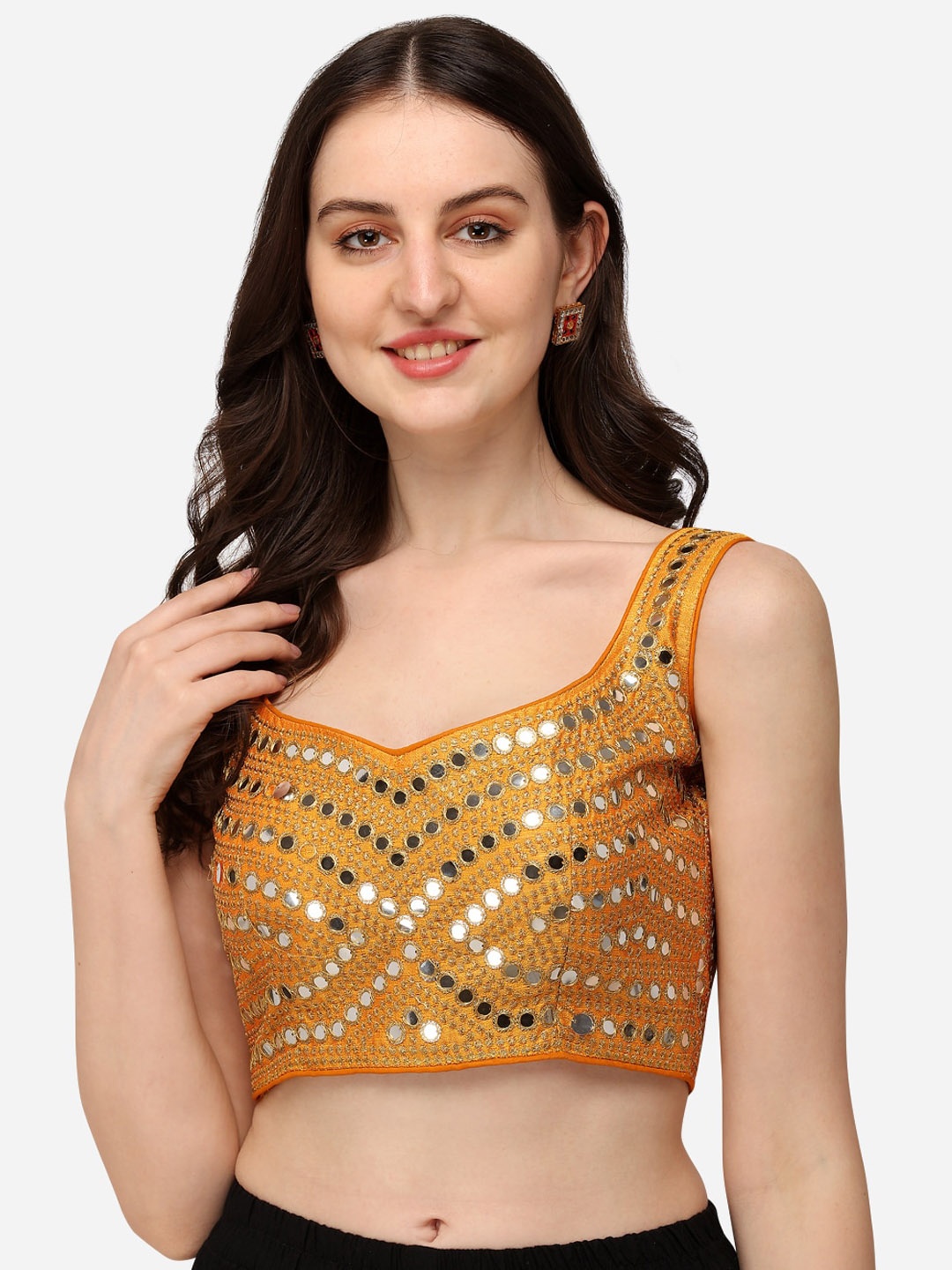 

Fab Dadu Embroidered Mirror Work Silk Sweetheart Neck Saree Blouse, Yellow