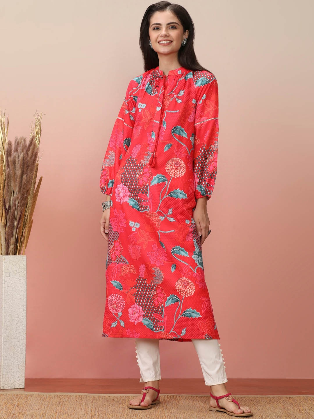 

Varanga Red Floral Printed Tie-Up Neck A-Line Kurta