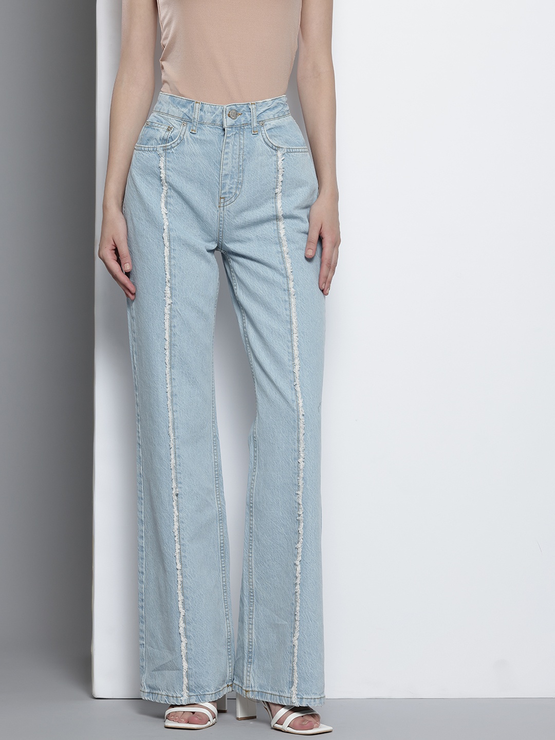 

NA-KD Women Fringed Detail Wide Leg Jeans, Blue