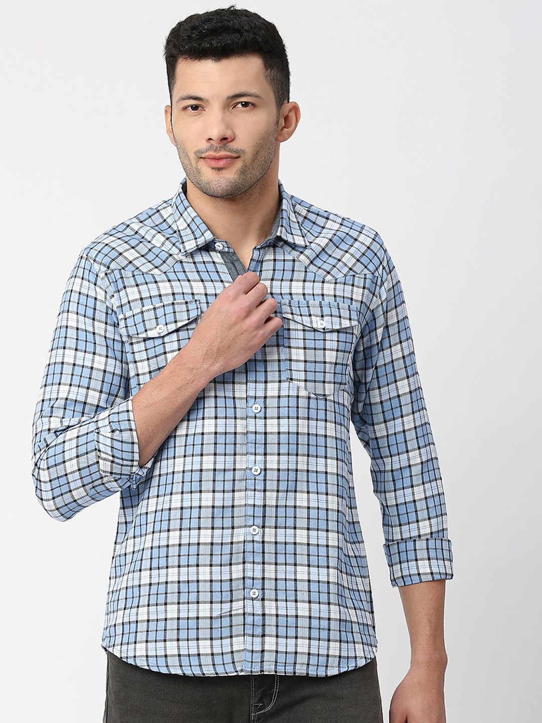 

SNX Tailored Fit Spread Collar Tartan Checks Checked Casual Shirt, Blue