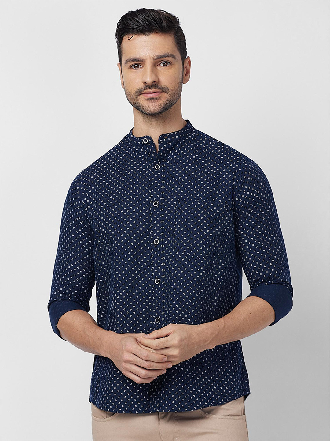 

SNX Tailored Fit Mandarin Collar Printed Cotton Casual Shirt, Navy blue